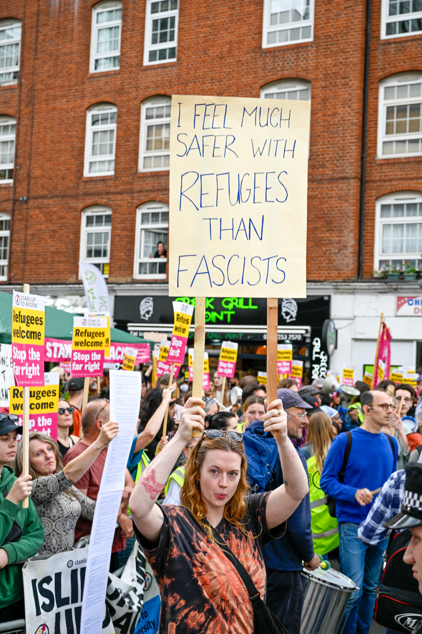 London, UK, 2nd August 2025, Protest outisde of the Thistle Hotel Barbican supporting migrant residents and challenging a counter protest
