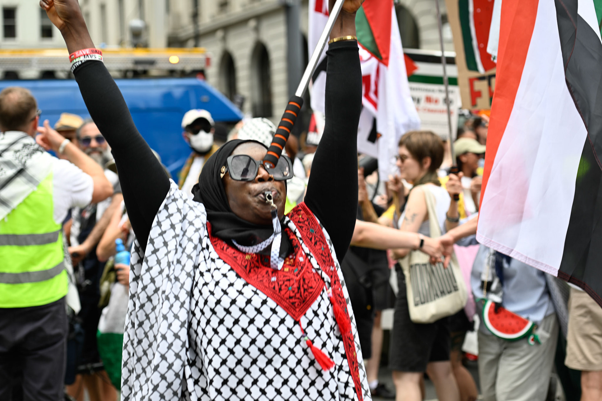 Pro Palestinian groups gather to demonstrate against Israeli's war in Gaza and its bombing of Iran, London, UK, 21st June 2025