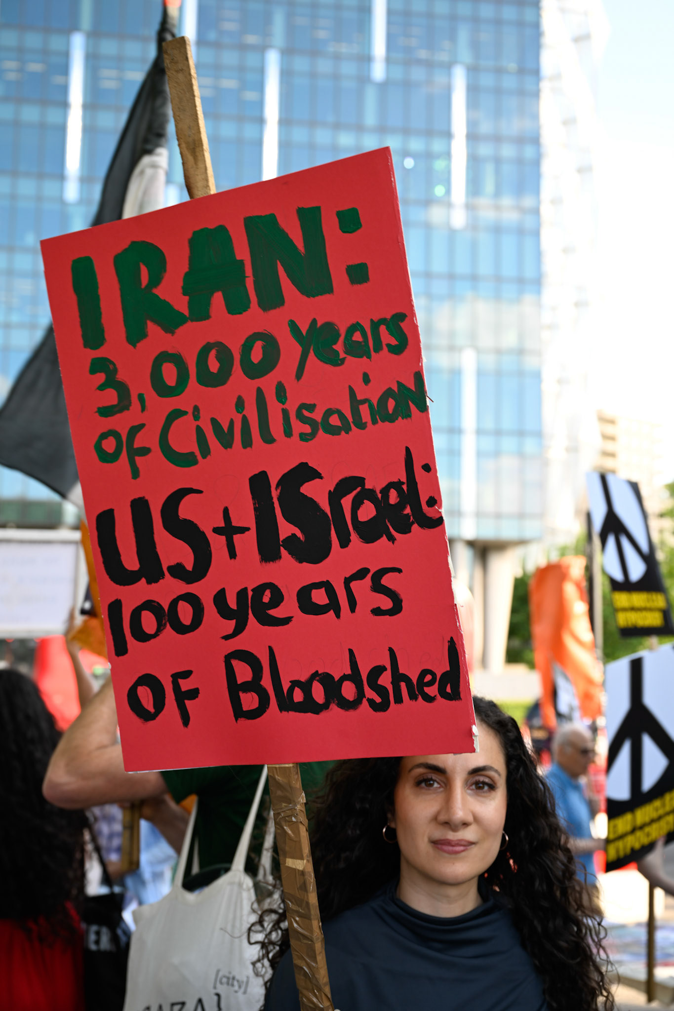 The Stop the War Coalition staged a protest opposite the US Embassy in London demanding that the US stop their bombing campaign in Iran