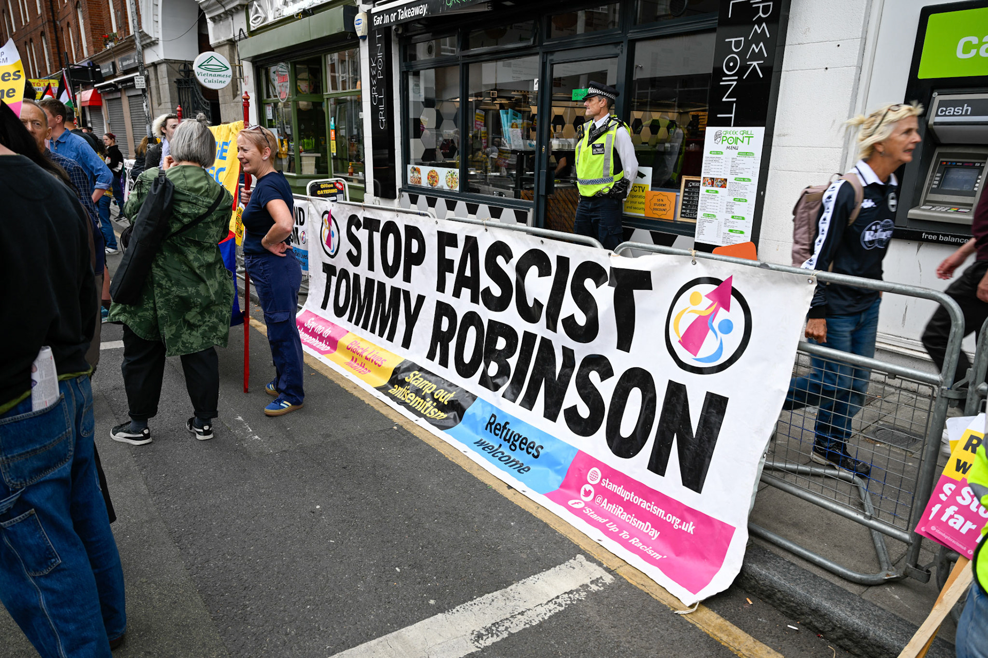 London, UK, 2nd August 2025, Protest outisde of the Thistle Hotel Barbican supporting migrant residents and challenging a counter protest
