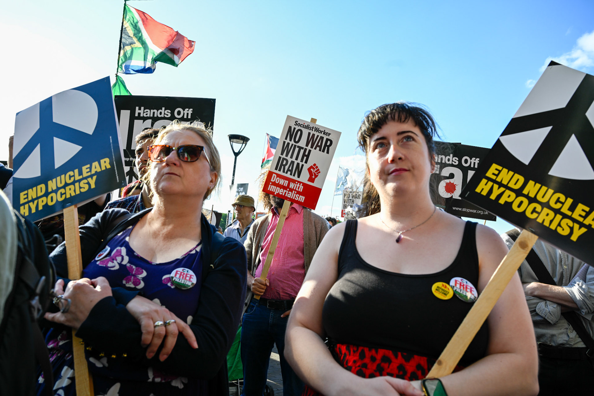 The Stop the War Coalition staged a protest opposite the US Embassy in London demanding that the US stop their bombing campaign in Iran