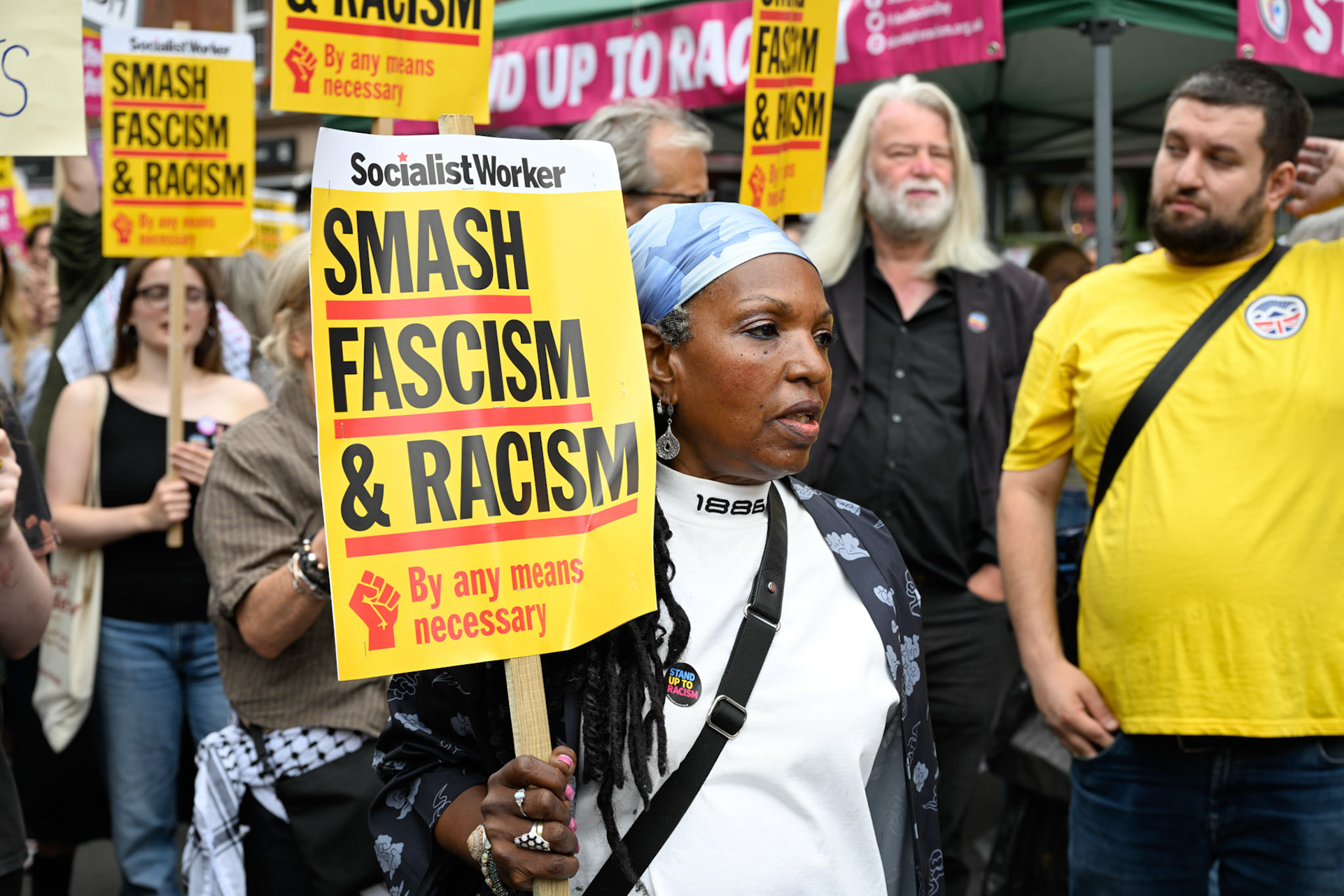 London, UK, 2nd August 2025, Protest outisde of the Thistle Hotel Barbican supporting migrant residents and challenging a counter protest