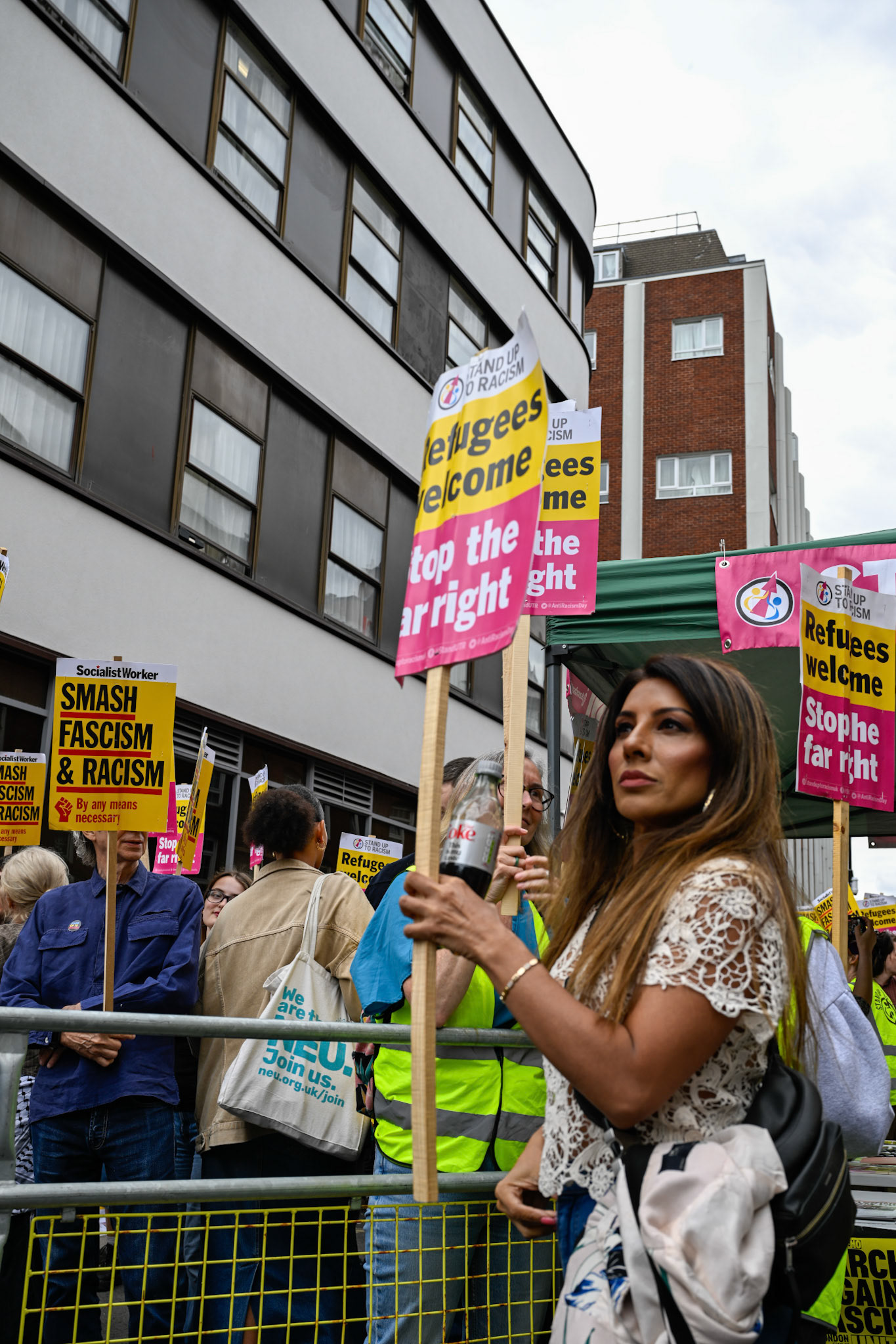 London, UK, 2nd August 2025, Protest outisde of the Thistle Hotel Barbican supporting migrant residents and challenging a counter protest