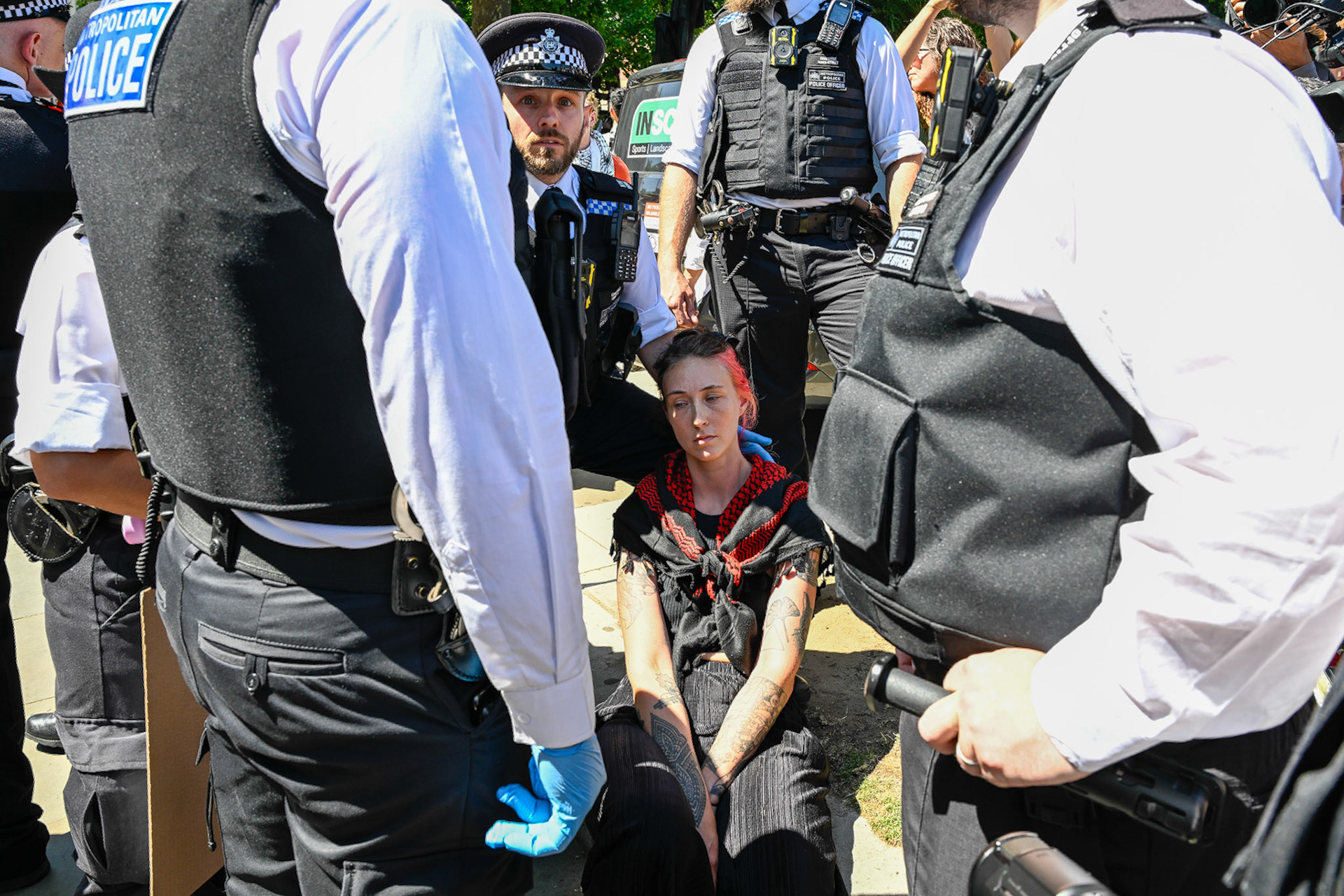 Palestine Action supporters protest at Parliament Square opposite The Houses of Parliament. The group were all arrested.