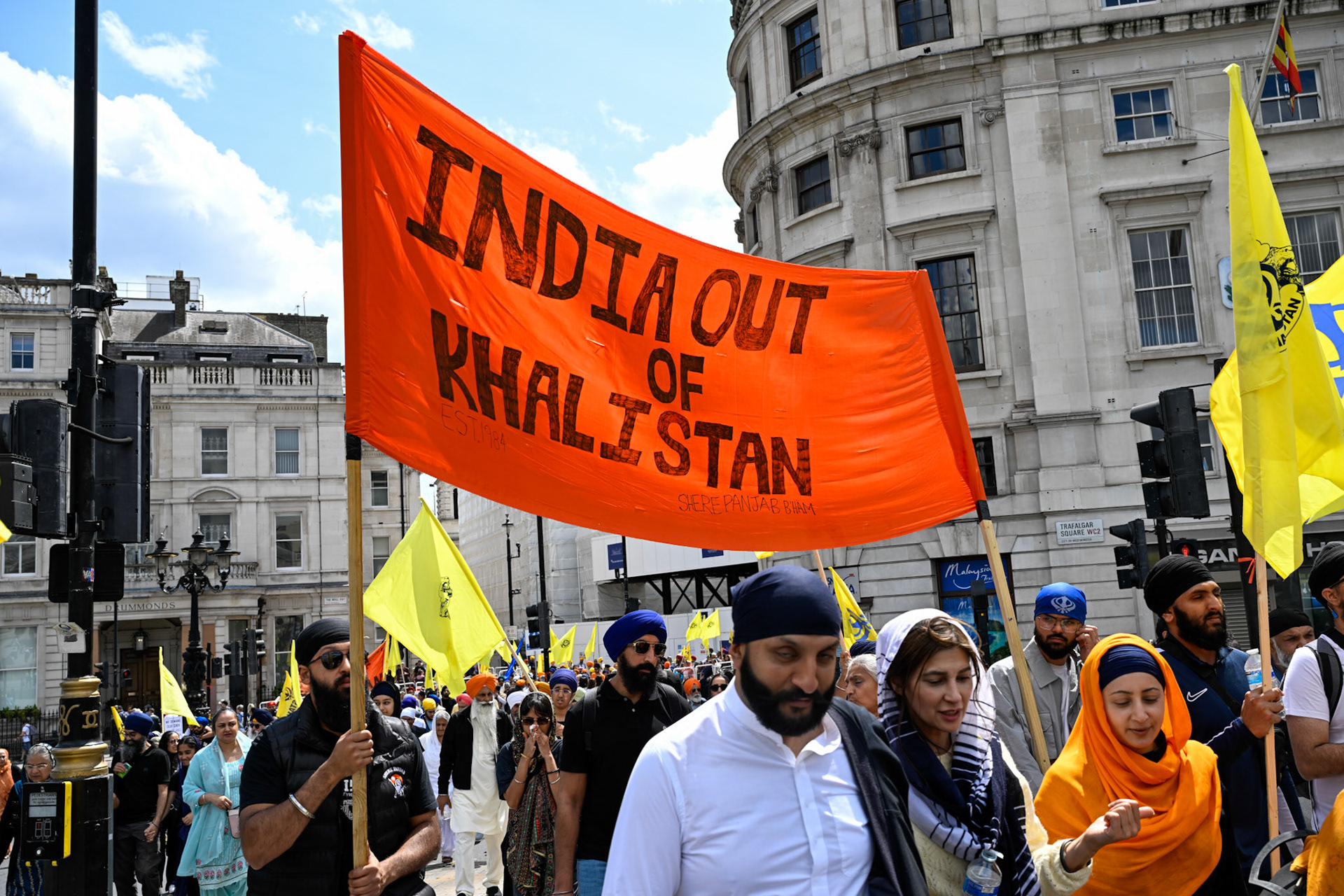 London, UK, 1st June 2025, A Sikh protestors carry a banner that demands that Indian give independence to a sikh home nation called Khalistan, monkeybutlerimages/alamy live news