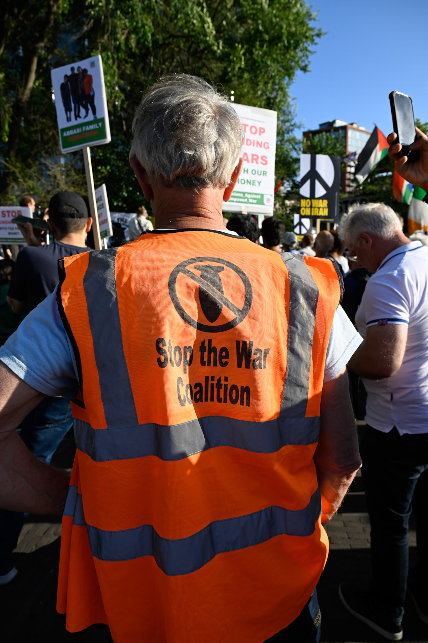 The Stop the War Coalition staged a protest opposite the US Embassy in London demanding that the US stop their bombing campaign in Iran