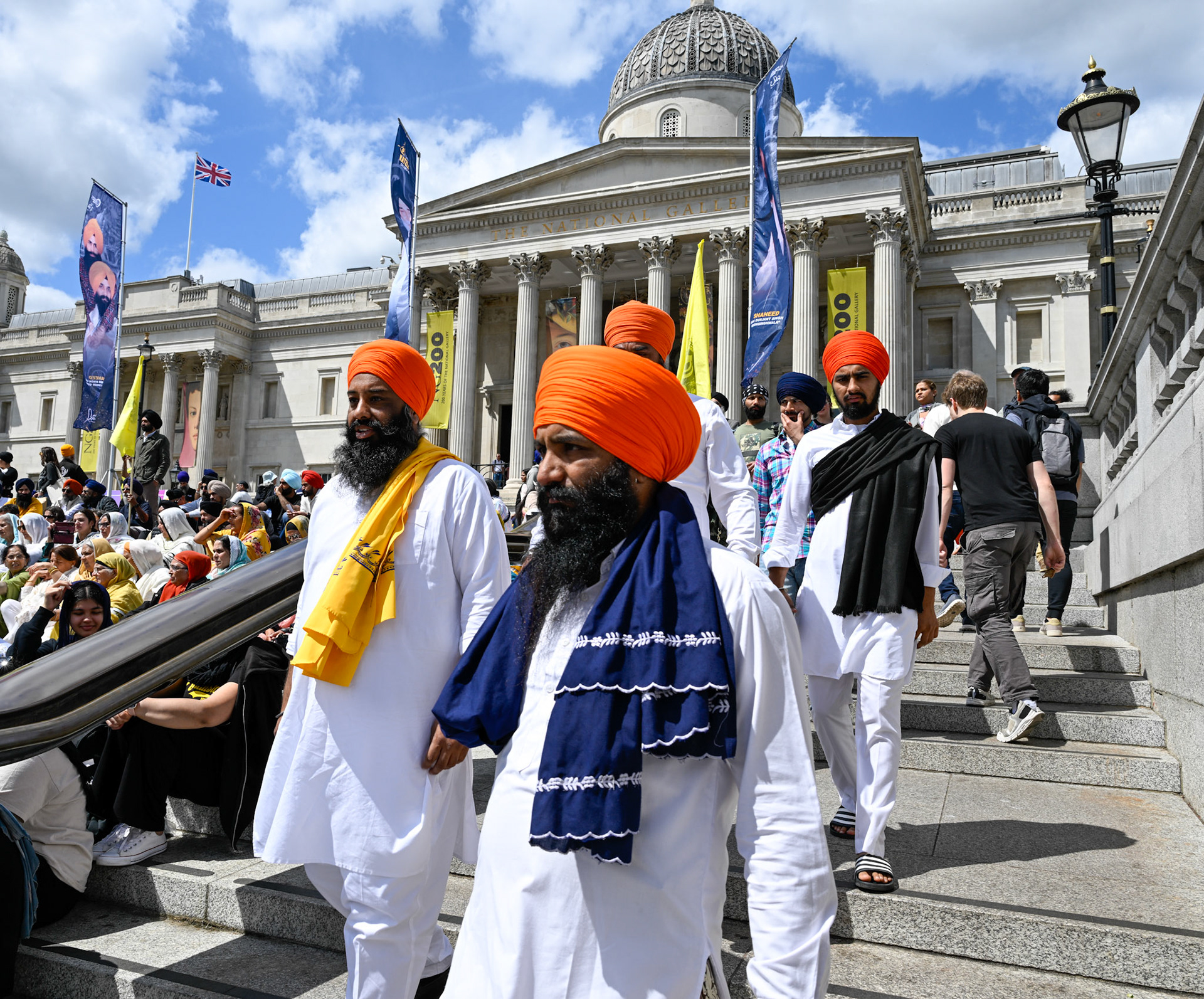 London, UK, 1st June 2025, A group of seek men enter Trafalgar Square where they will join thousands of others marking the anniversary of the 1984 Amritsar Massacre, monkeybutlerimages/alamy live news