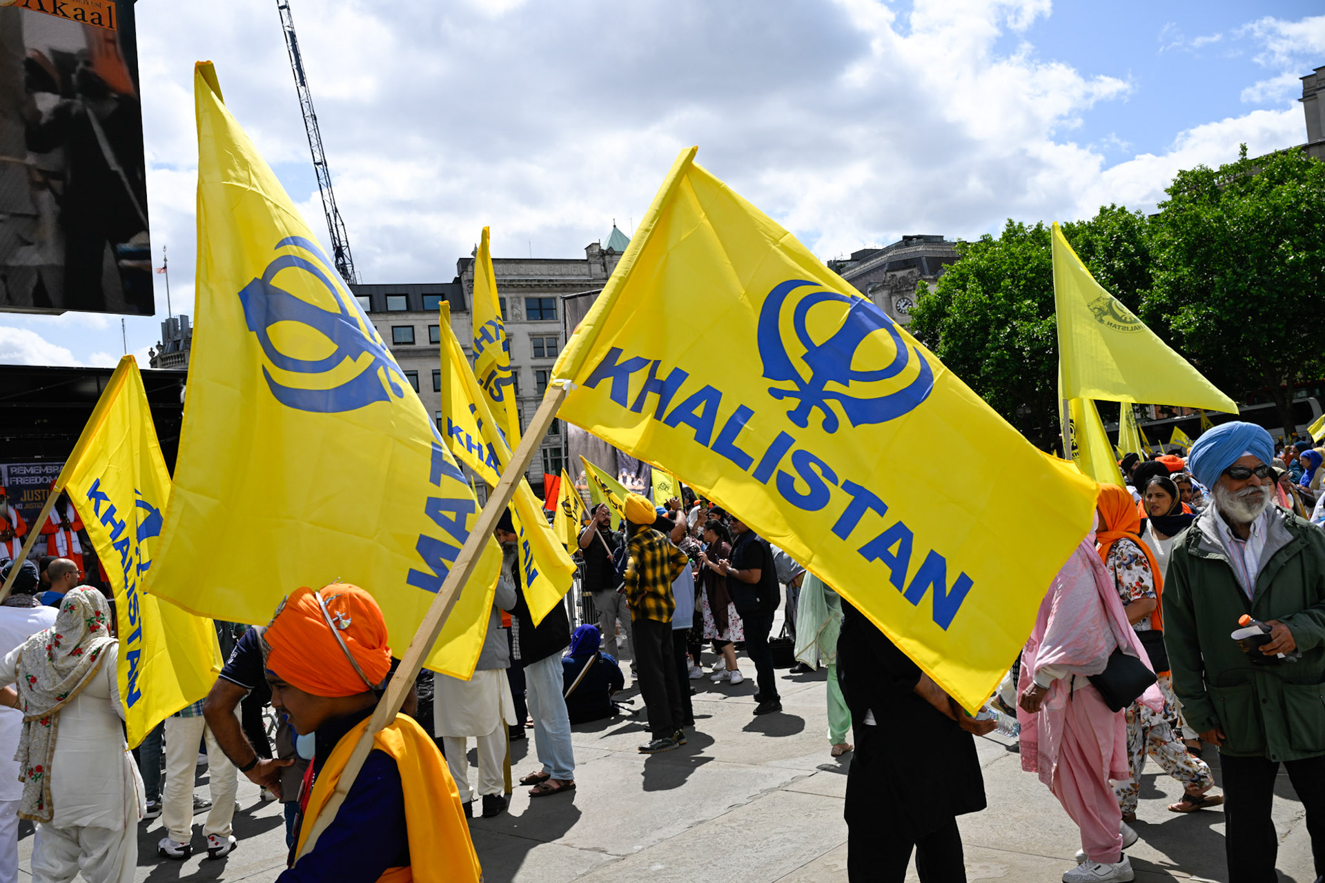London, UK, 1st June 2025, Sikh protestors  carry flags of the sikh home nation called Khalistan where they call for independence from India, monkeybutlerimages/alamy live news