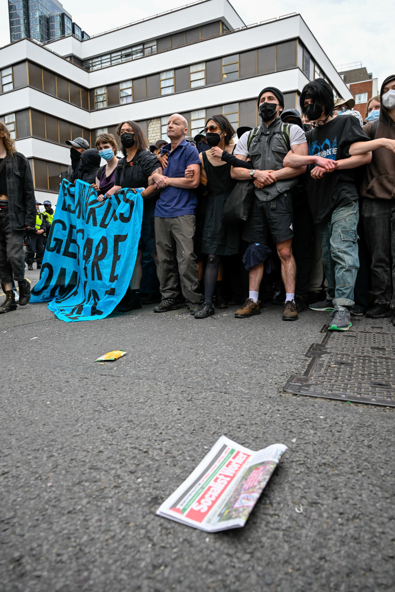 London, UK, 2nd August 2025, Protest outisde of the Thistle Hotel Barbican supporting migrant residents and challenging a counter protest