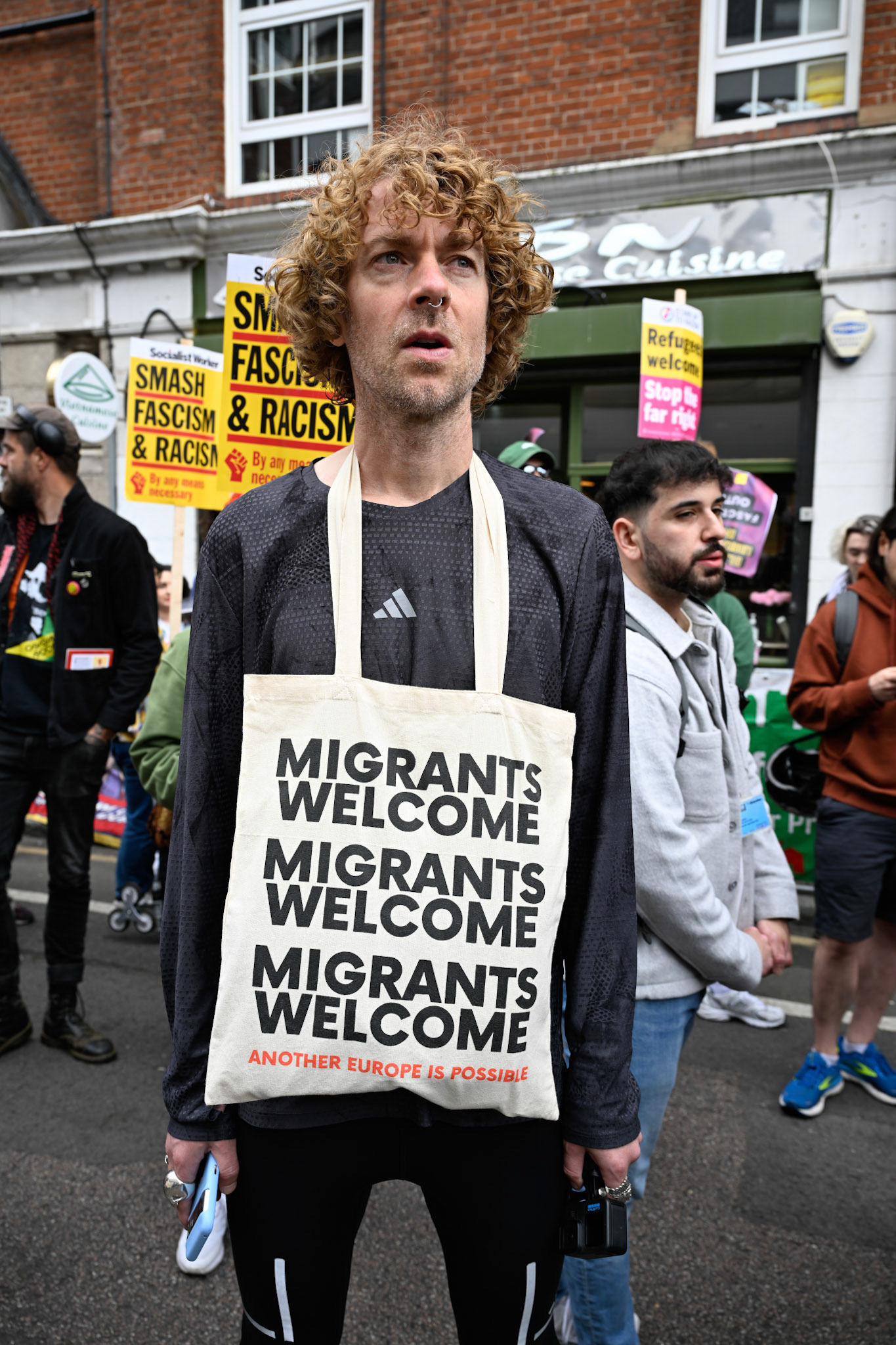 London, UK, 2nd August 2025, Protest outisde of the Thistle Hotel Barbican supporting migrant residents and challenging a counter protest