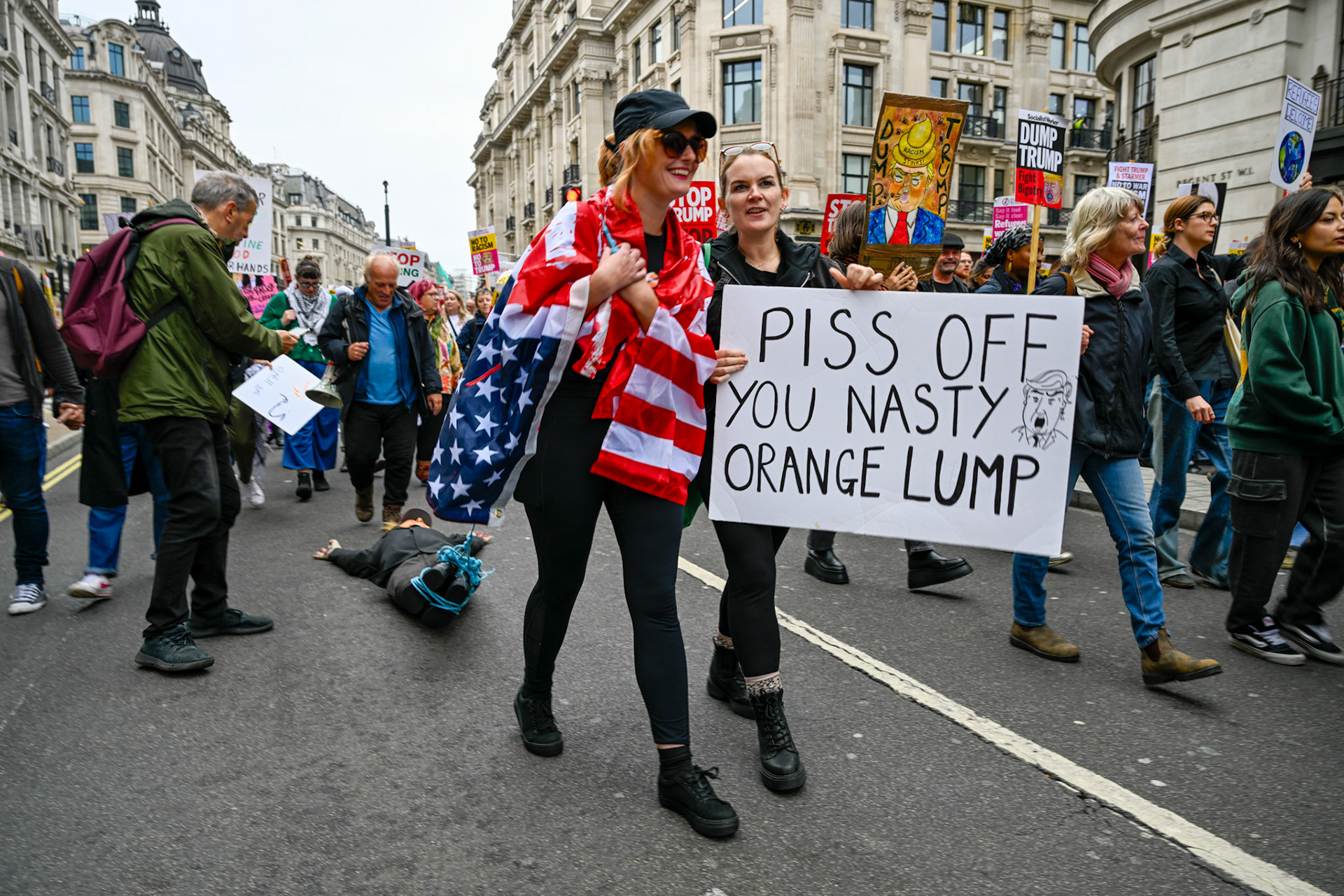 London, UK, 17th September 2025, A large protest by thousands of anti Trump supporters wound through central London towards Parliament, monkeybutlerimages / Alamy Live News