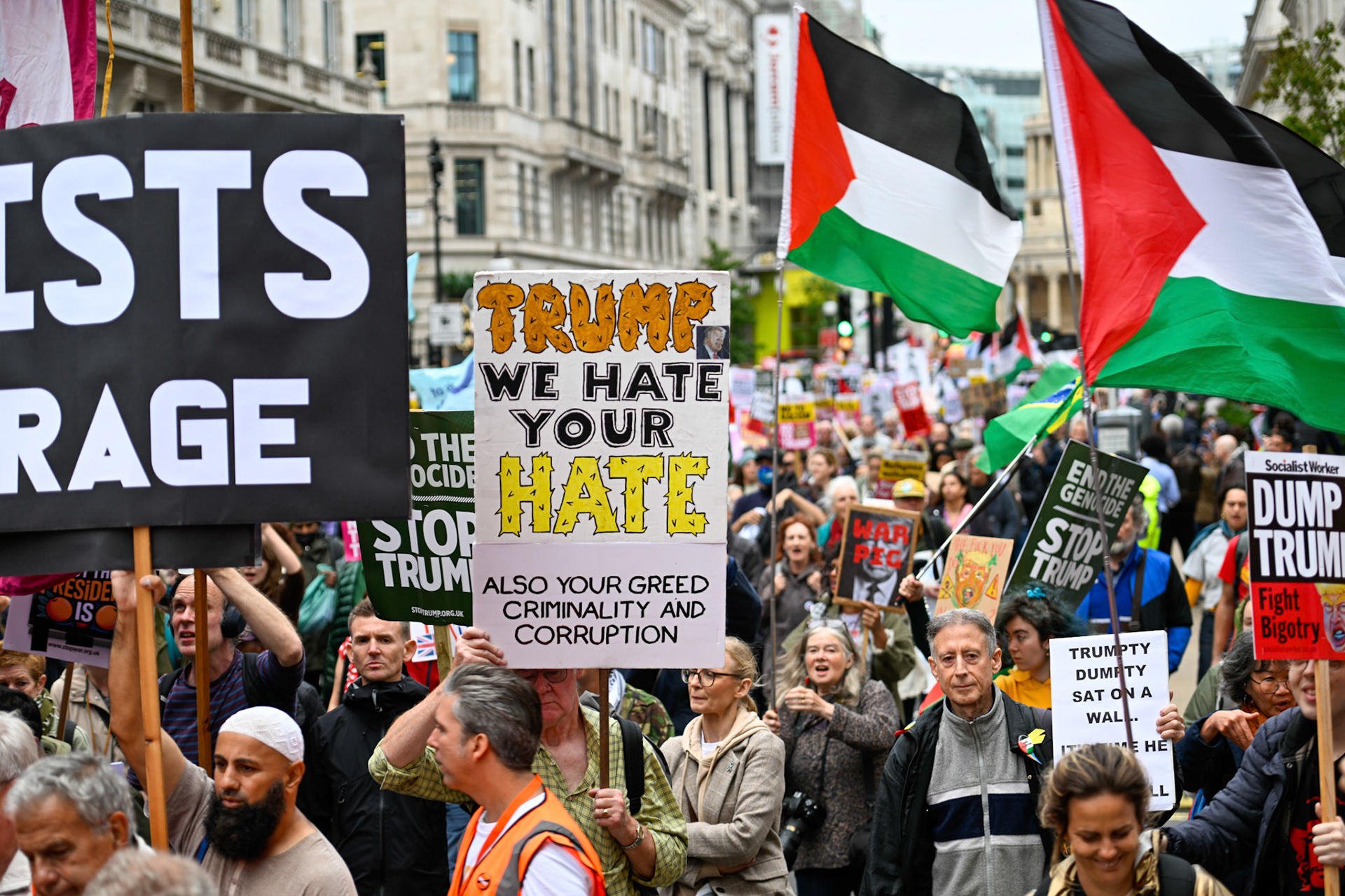 London, UK, 17th September 2025, A large protest by thousands of anti Trump supporters wound through central London towards Parliament, monkeybutlerimages / Alamy Live News