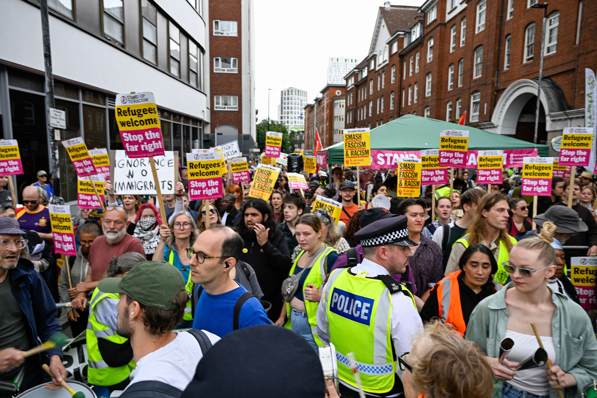 London, UK, 2nd August 2025, Protest outisde of the Thistle Hotel Barbican supporting migrant residents and challenging a counter protest