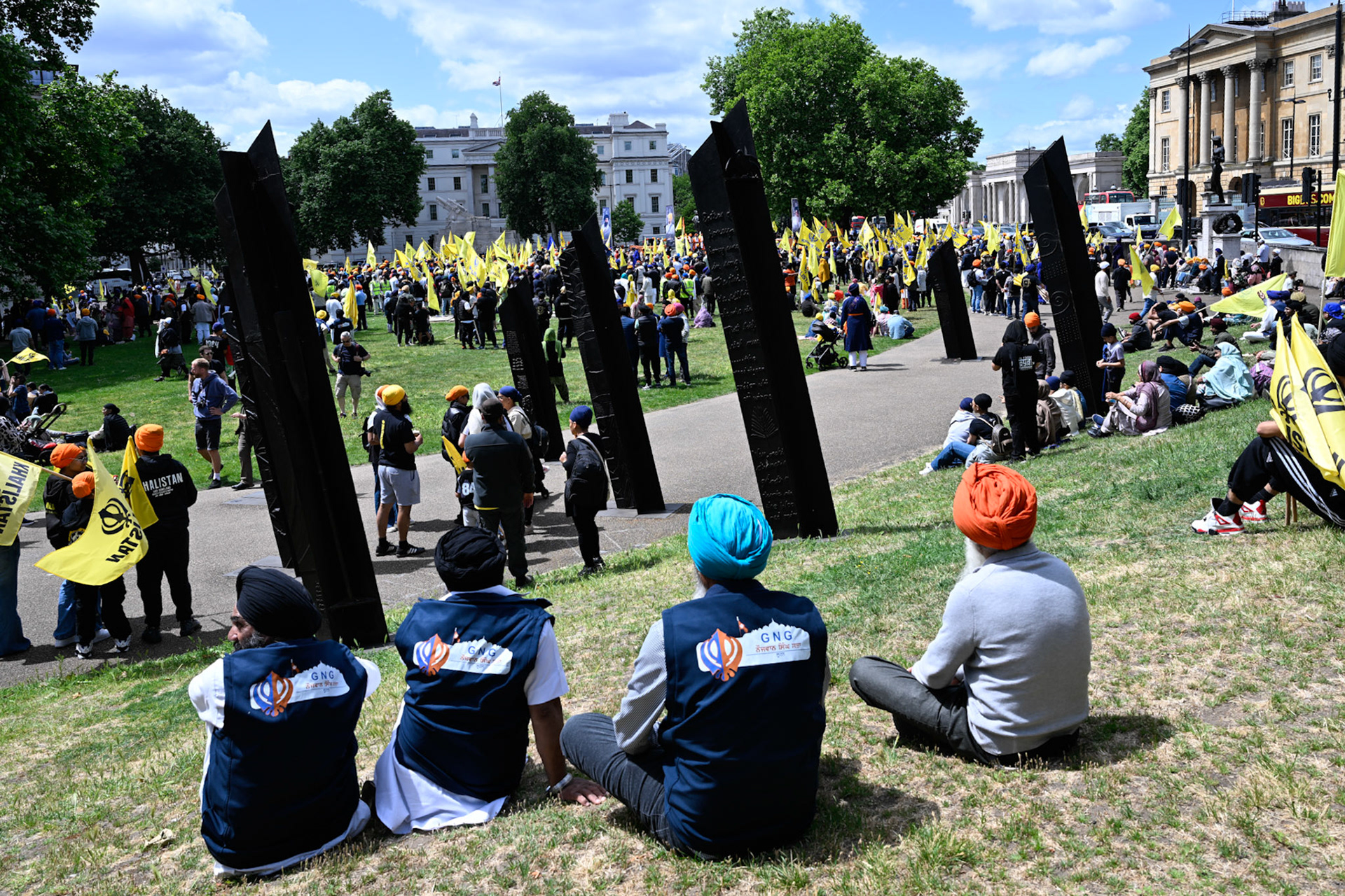 London, UK, 1st June 2025, Sikh protesters gather ahead of the anniversary march of the Amritsar massacre by the Indian Army 1984, monkeybutlerimages/alamy live news