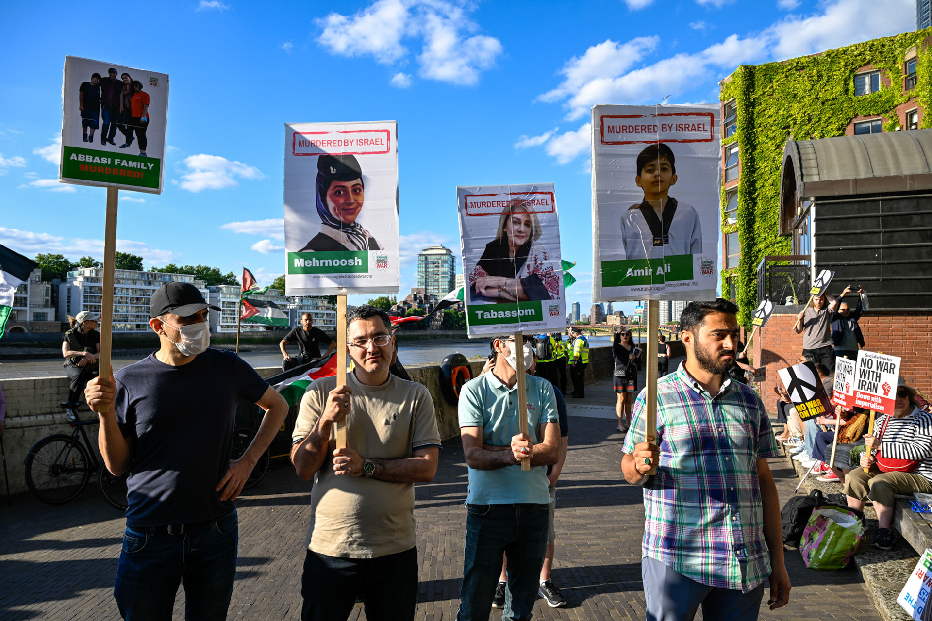 The Stop the War Coalition staged a protest opposite the US Embassy in London demanding that the US stop their bombing campaign in Iran