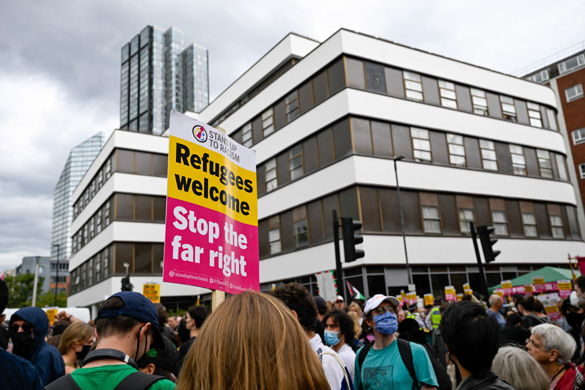 London, UK, 2nd August 2025, Protest outisde of the Thistle Hotel Barbican supporting migrant residents and challenging a counter protest