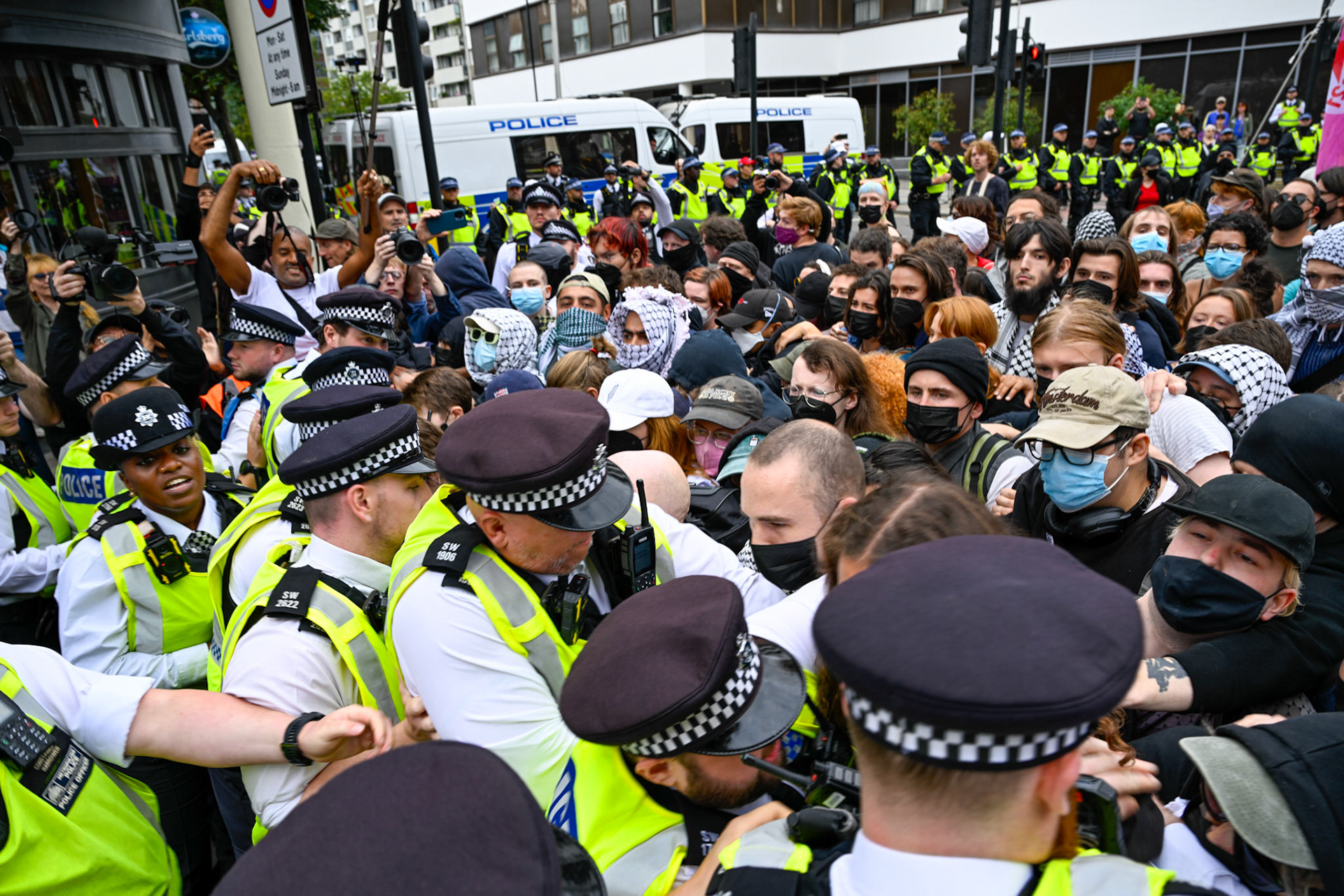 London, UK, 2nd August 2025, Protest outisde of the Thistle Hotel Barbican supporting migrant residents and challenging a counter protest