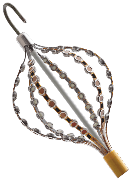 The 'basket' of the AcQMap Catheter. Each catheter contains 48 electrodes and 48 ultrasonic transducers. I developed an electrical specification to test each of the 96 transducers/electrodes for effectiveness.