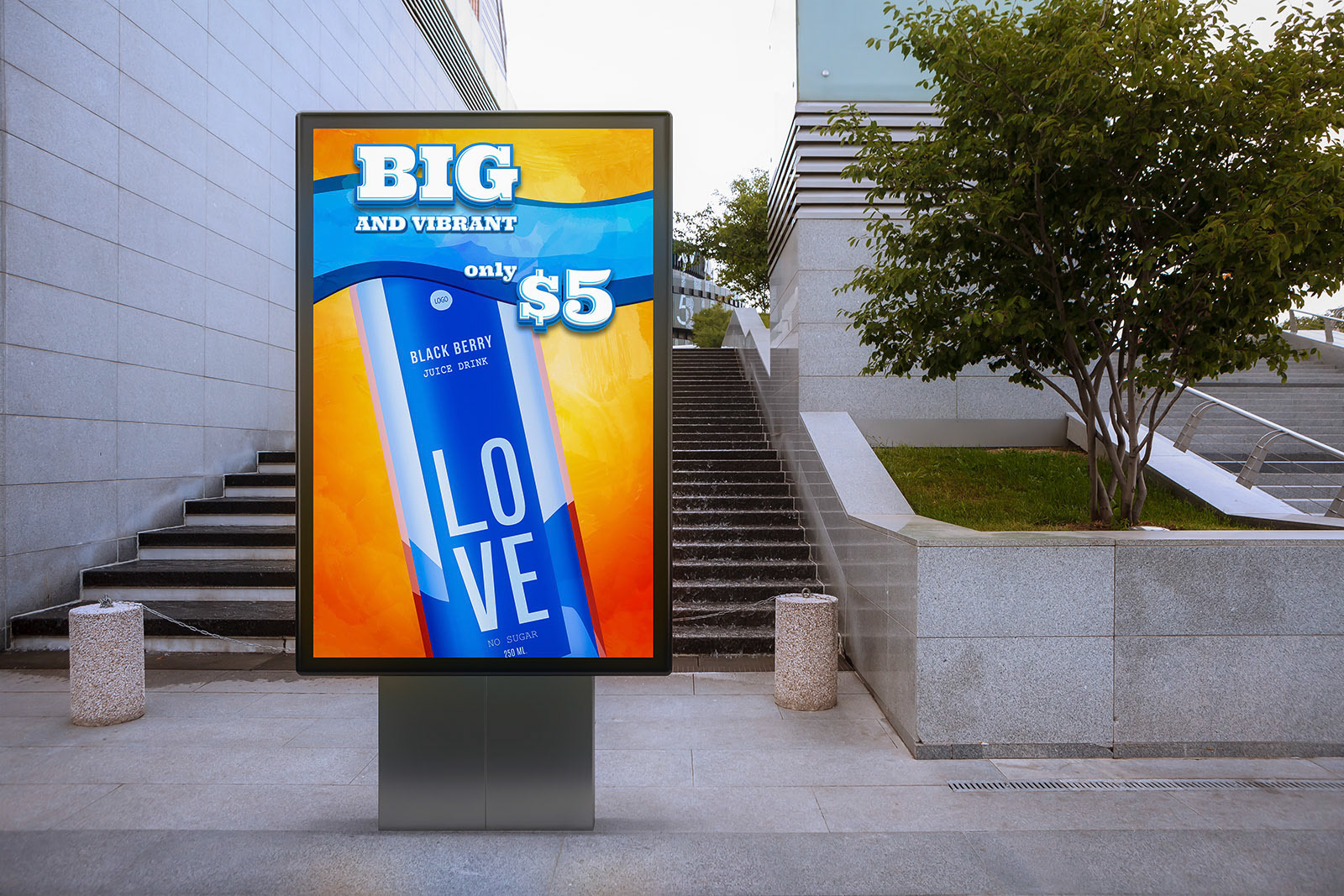 Blank street billboard poster stand mock up in downtown. 3d illustration.