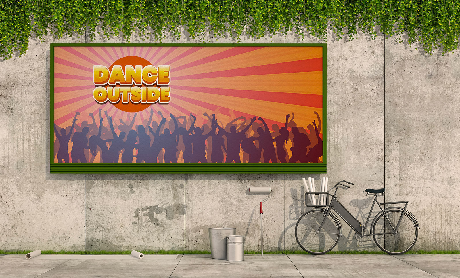 Dance Outside Billboard Sign Banner on Concrete Wall with Bike and Tools