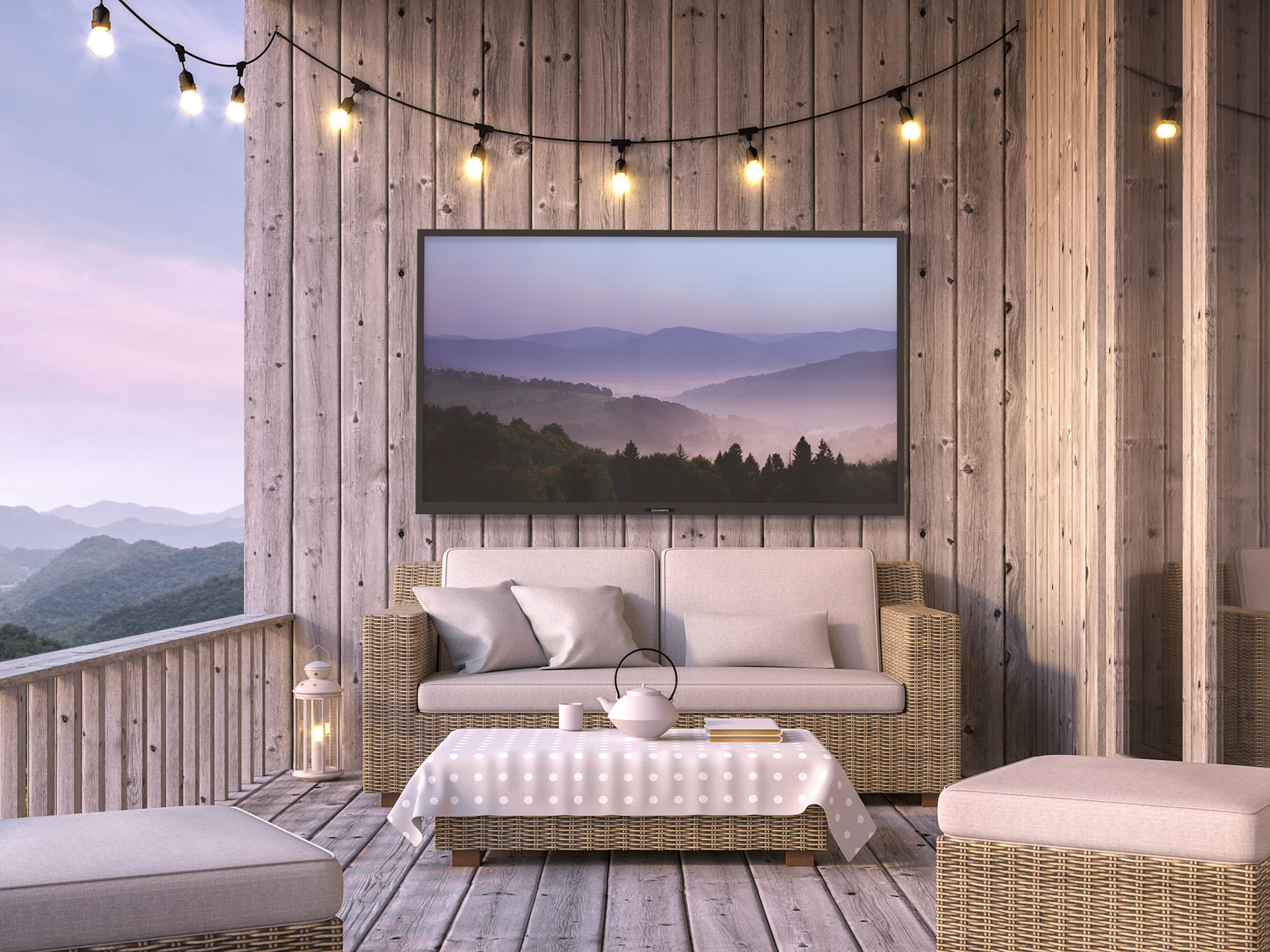 Wooden balcony with mountain view 3d render, The floor and walls are old wood, decorated with fabric and rattan furniture. Decorated with string lights.