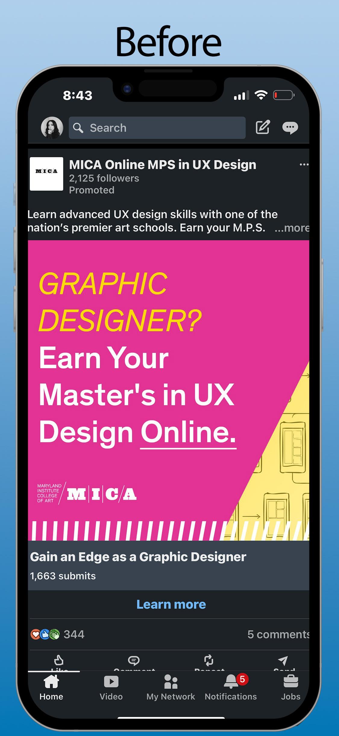 LinkedIn Mobile App Homepage -Redesign Before