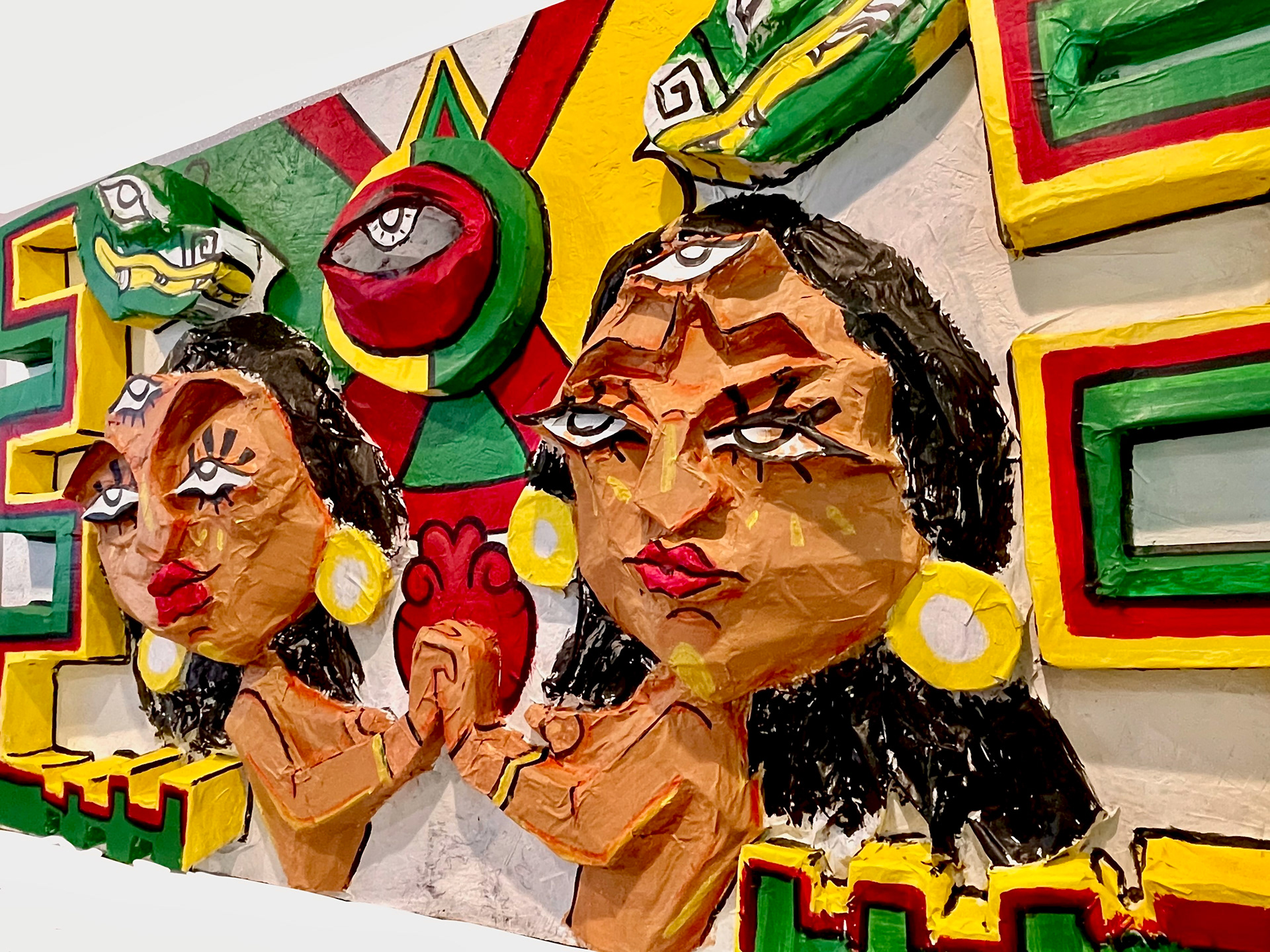 "Suenos Aztecas" 2021 Mural Relief, paper mache on plywood 4ft by 8ft 