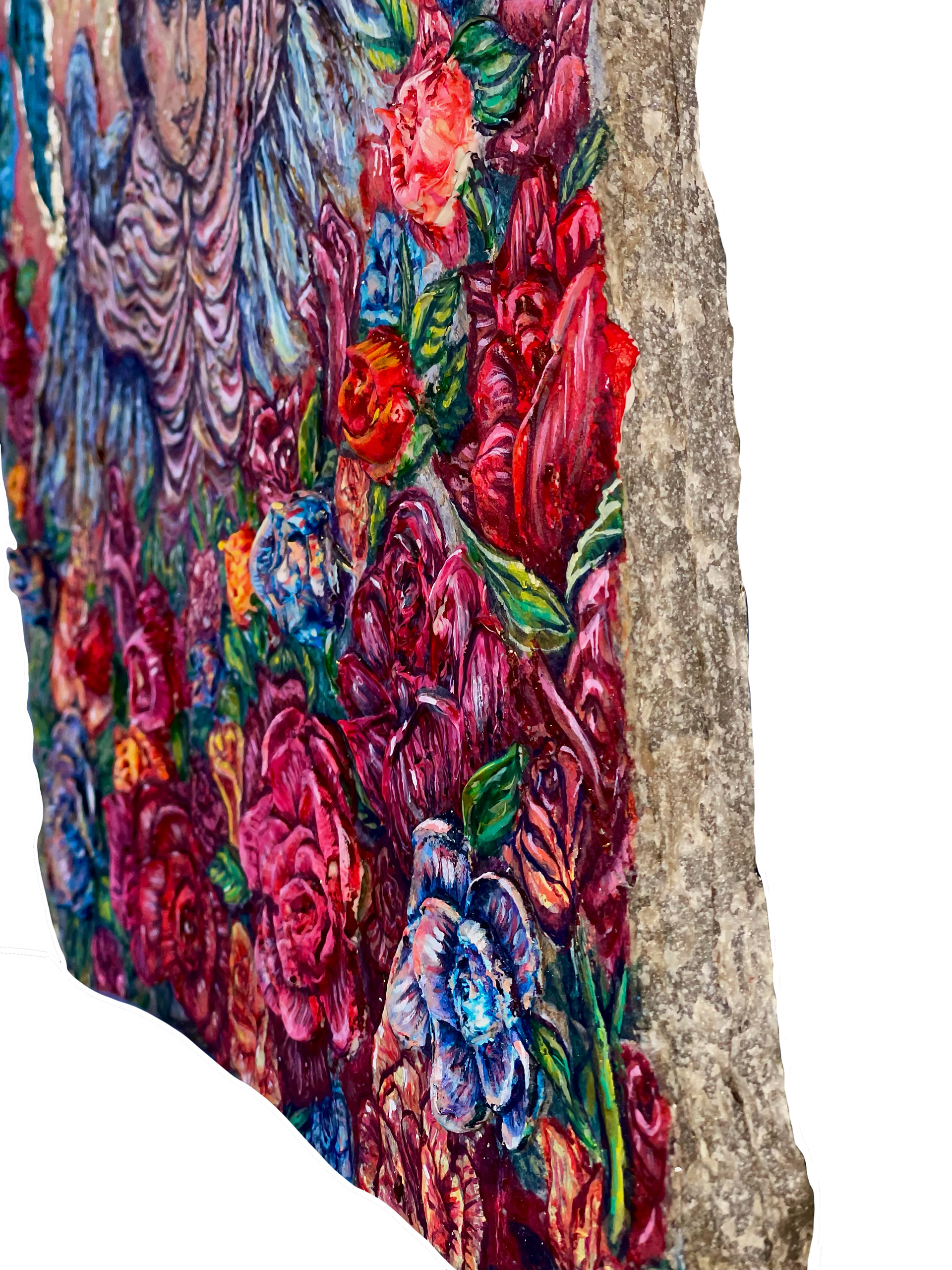 Virgin Mary flowers sculpted relief