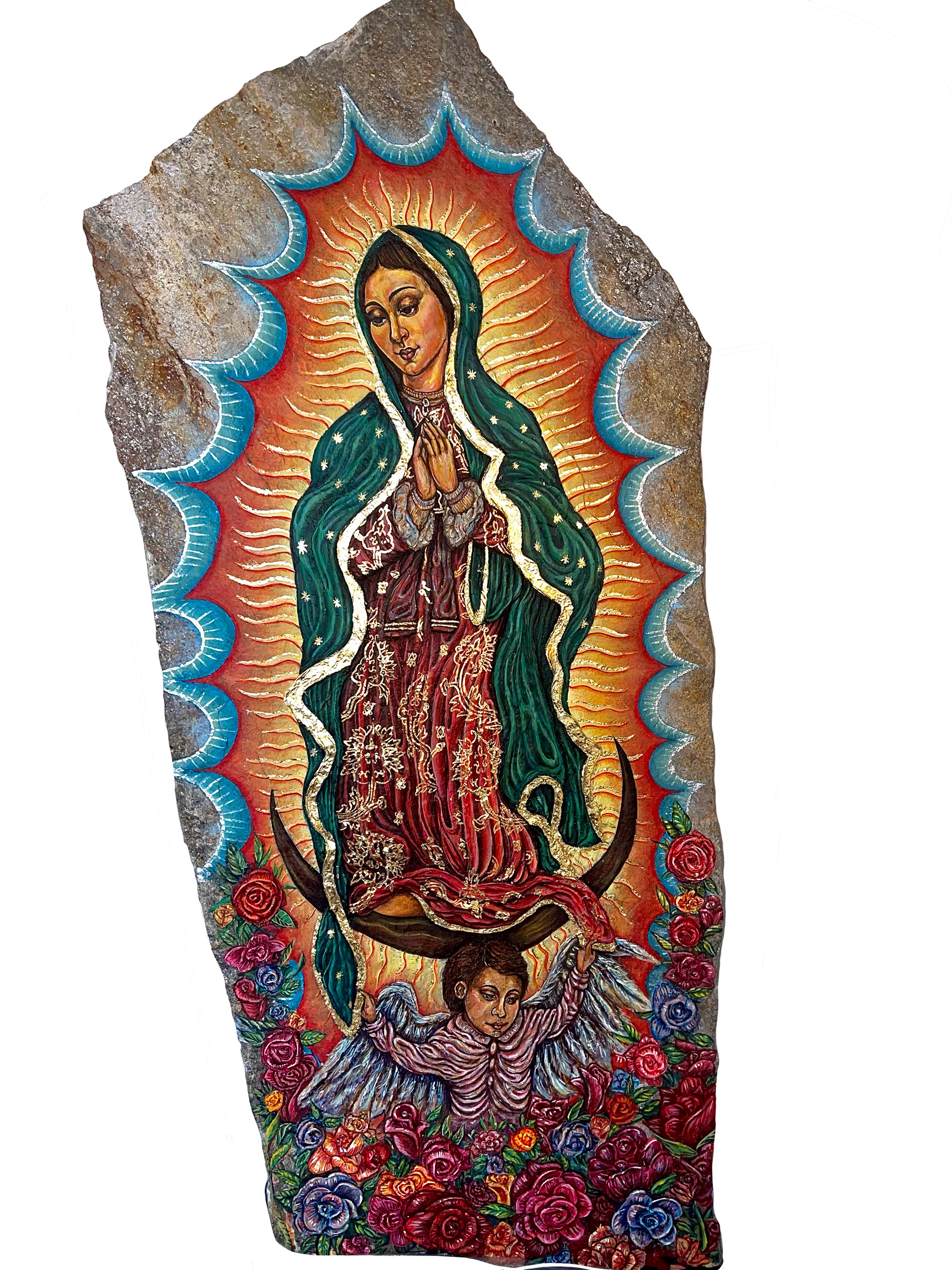 "Virgin Mary" 2023 4ft x 3ft  acrylic with acrylic sculpting paste, gold and silver leaf