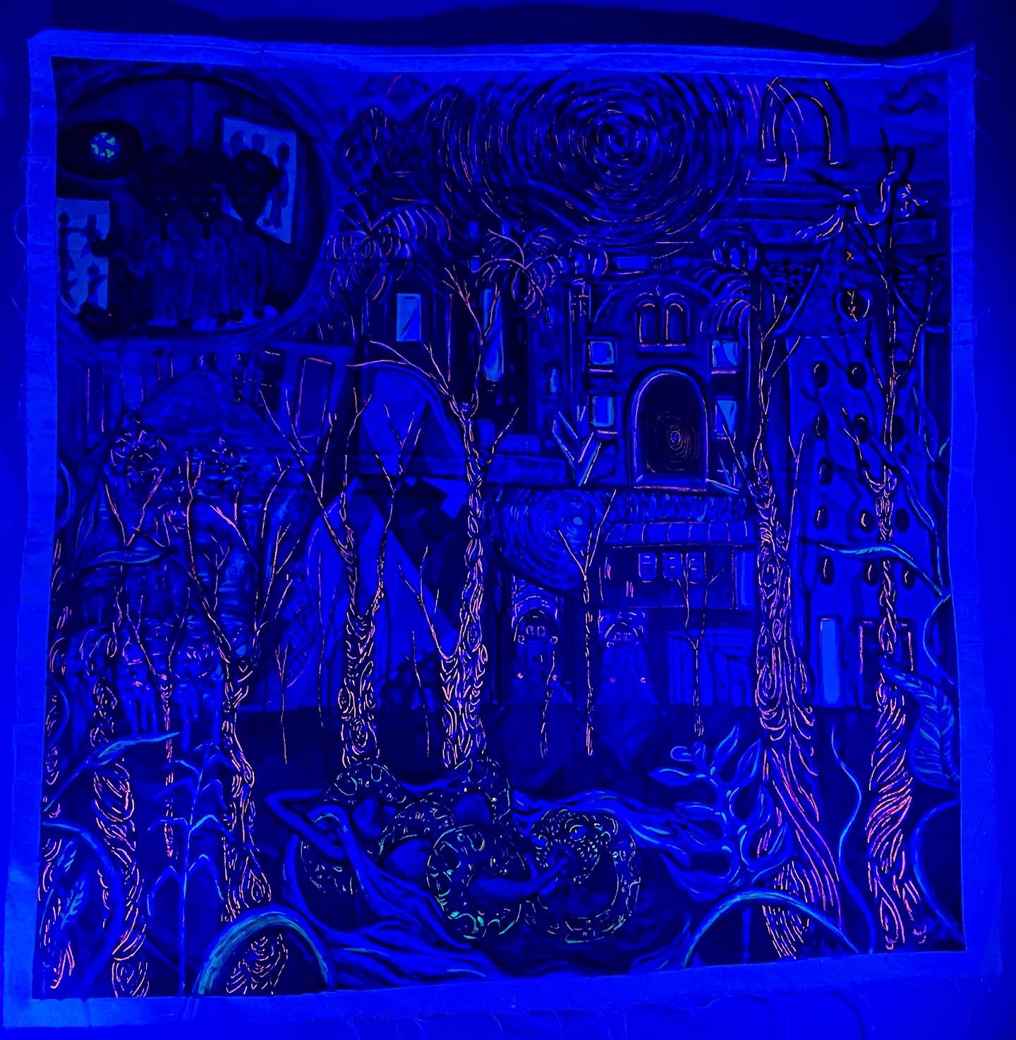 "REM" Acrylic painting, Posca paint markers on Drop Cloth 2022