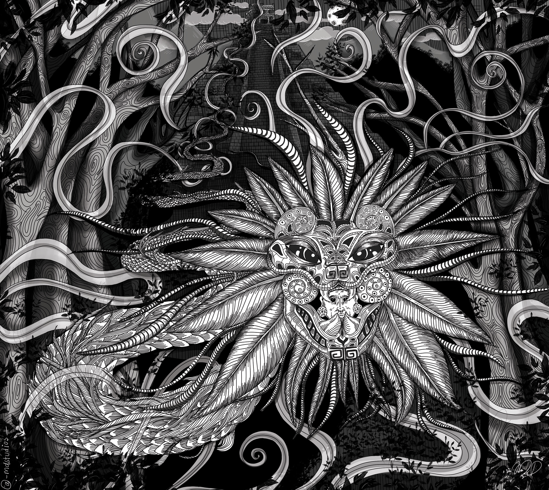 The descent of KulKulKan - digitally drawn, line-by-line