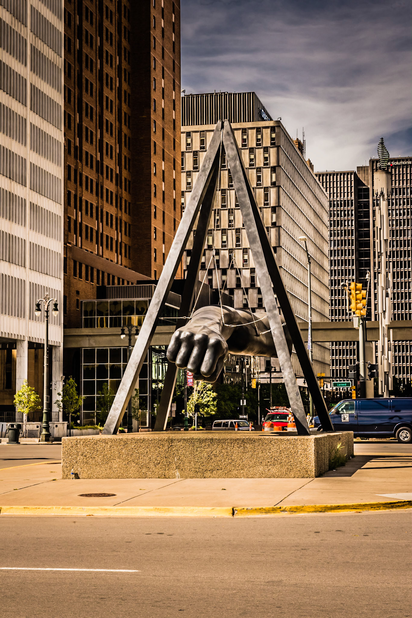 Joe Louis Monument at the entrance to Philip A Hart Plaza, Detroit MI