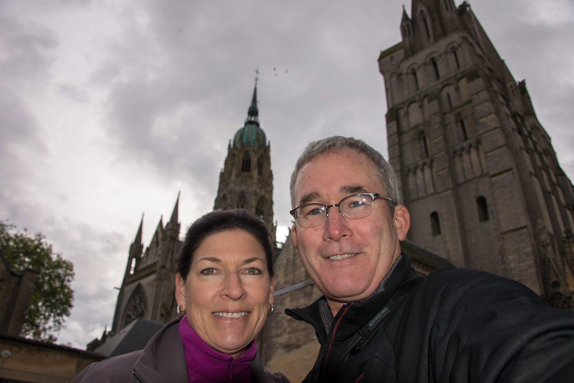 Amy and Richard with Cathedrale Notre Dame de Bayeux