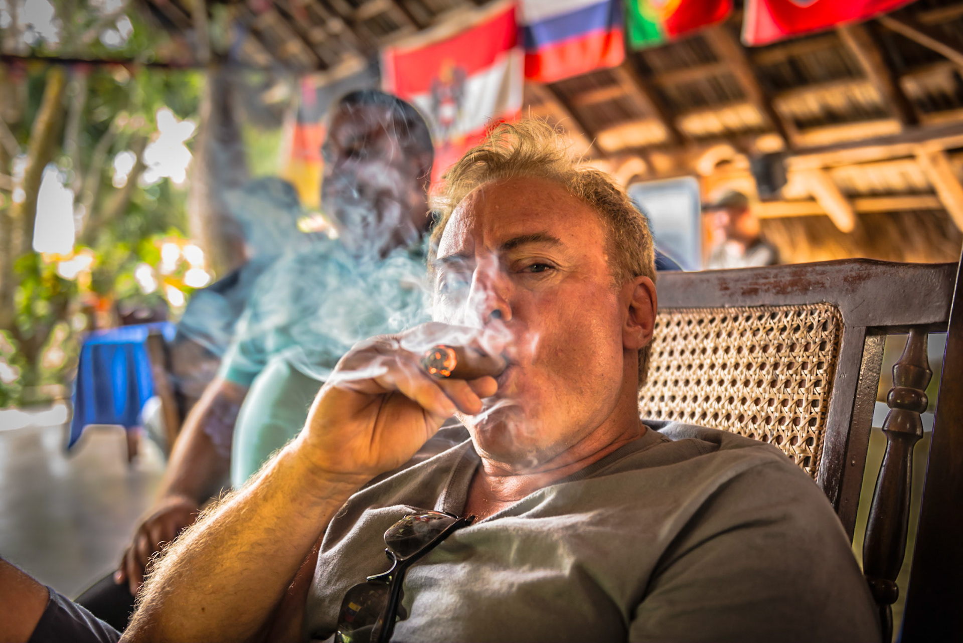 Chestnut Boy with a bright gar light.