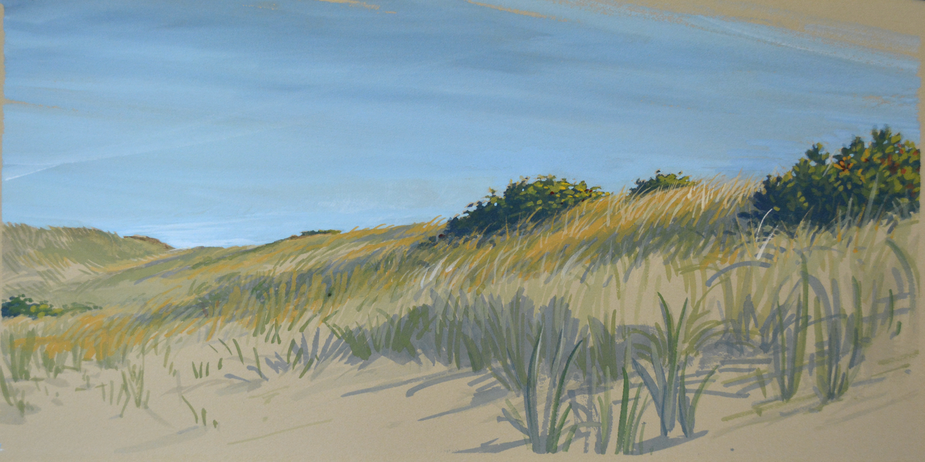On the edge, study. Gouache, watercolor on buff BFK Rives paper, 5" h x 14" w