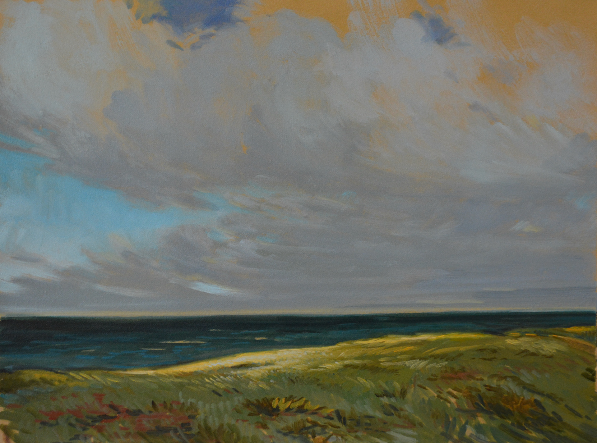 Cloudy study, 2pm. Oil on buff BFK Rives paper, 10.5" h x 14.25" w.