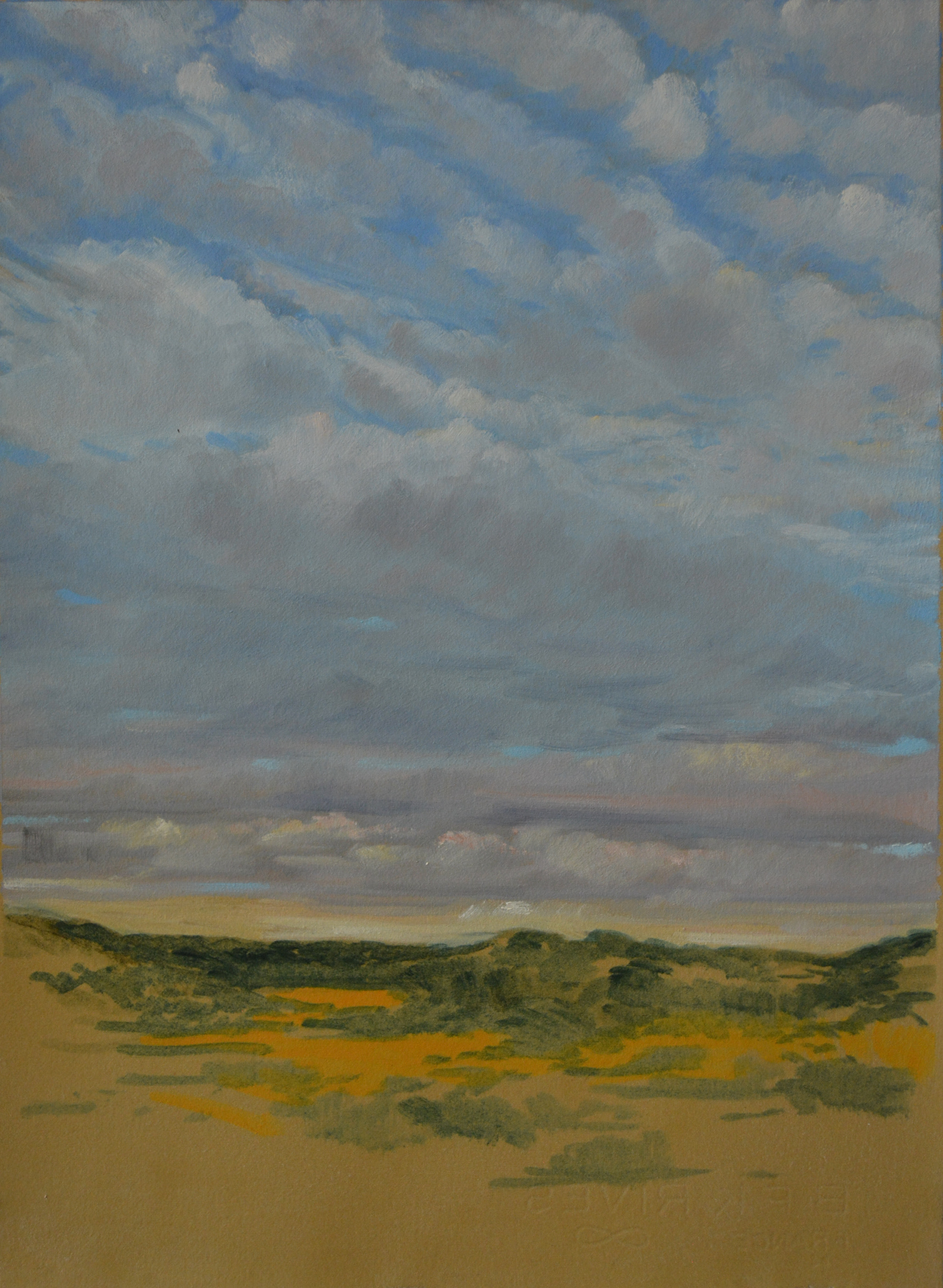 Cloud study, 6:00 am. Oil on buff BFK Rives paper, 14.25" h x 10.5" w