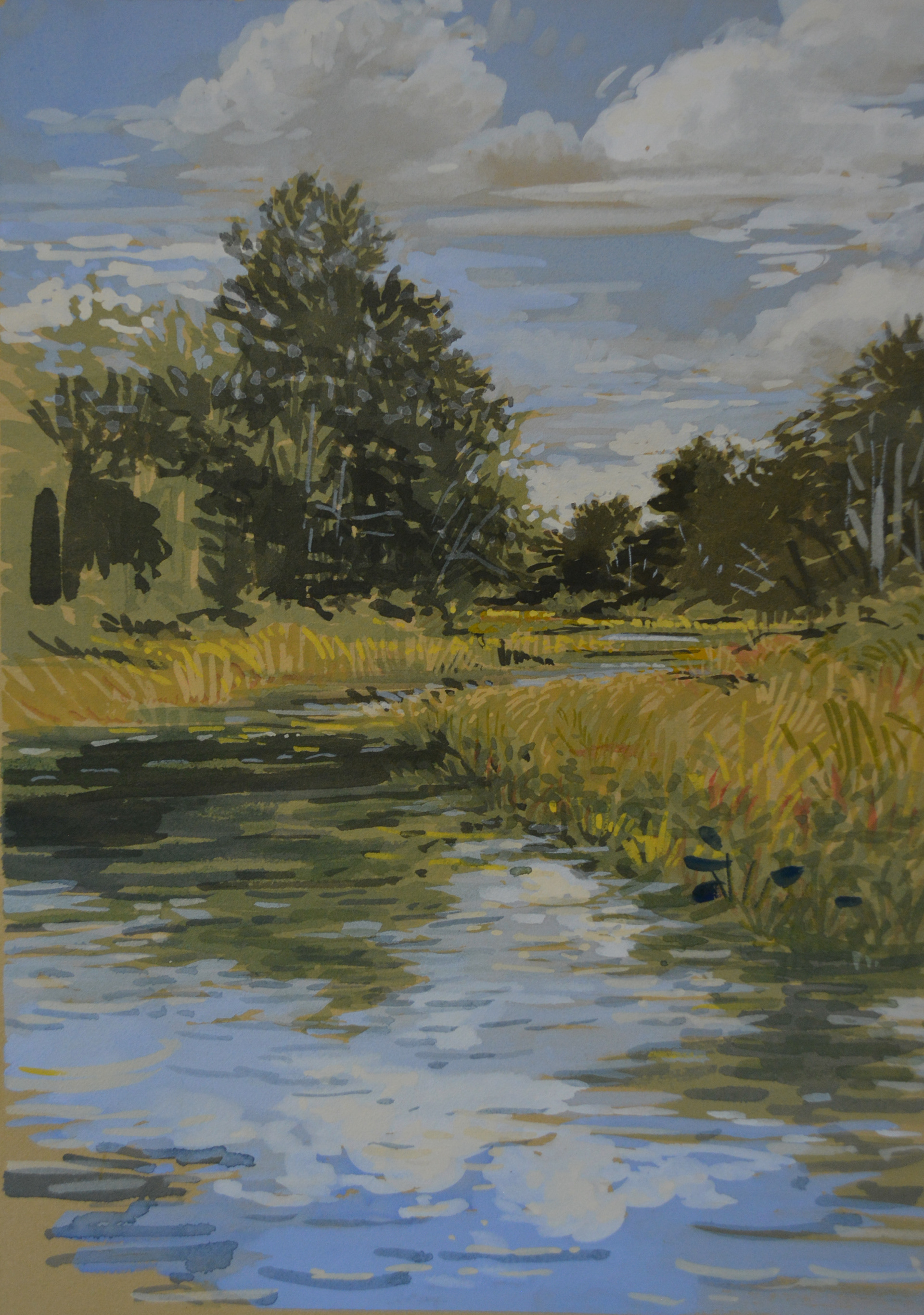 Bristol Mills. Gouache, watercolor on buff BFK Rives paper 10" h x 7" w