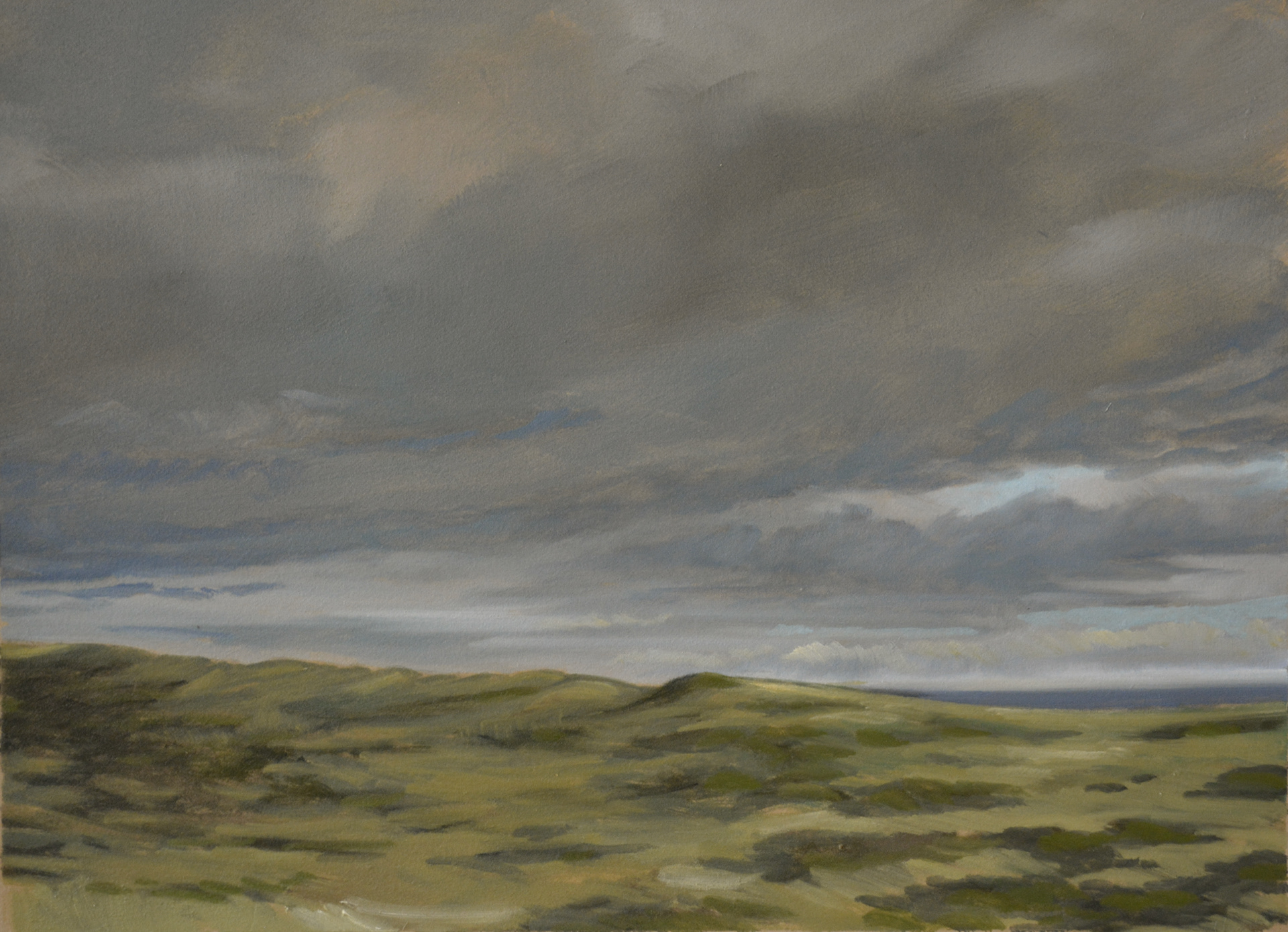Cloud study, 7:00 am. oil on buff BFK Rives paper, 10.5" h x 14.25" w