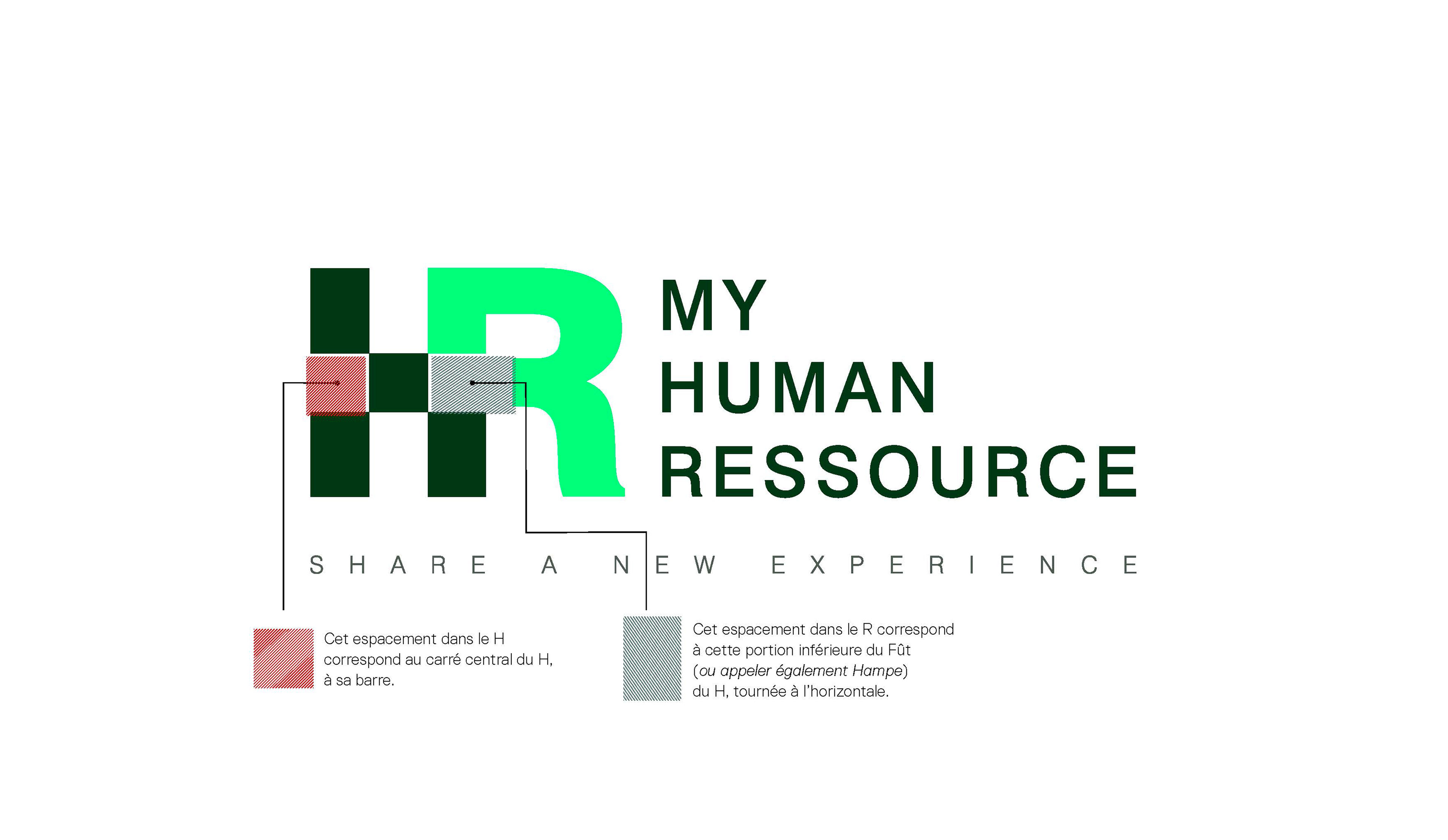 Le logo My Human Ressource est composé d’un monogramme, de son nom et de sa baseline. Le monogramme représente HR (Human Ressource) de manière minimaliste et géométrique.  Il a été composé à partir de la typographie Swiss 721 BT Heavy et les barres (= la traverse) du H et du R ont été alignées parfaitement sur une même horizontale. La hampe (ou appelée également Fût pour designer la barre verticale de la lettre) de droite du H et celle du R se chevauchent afin de créer une connexion et que ces deux lettres ne forment plus qu’une forme : un monogramme.
