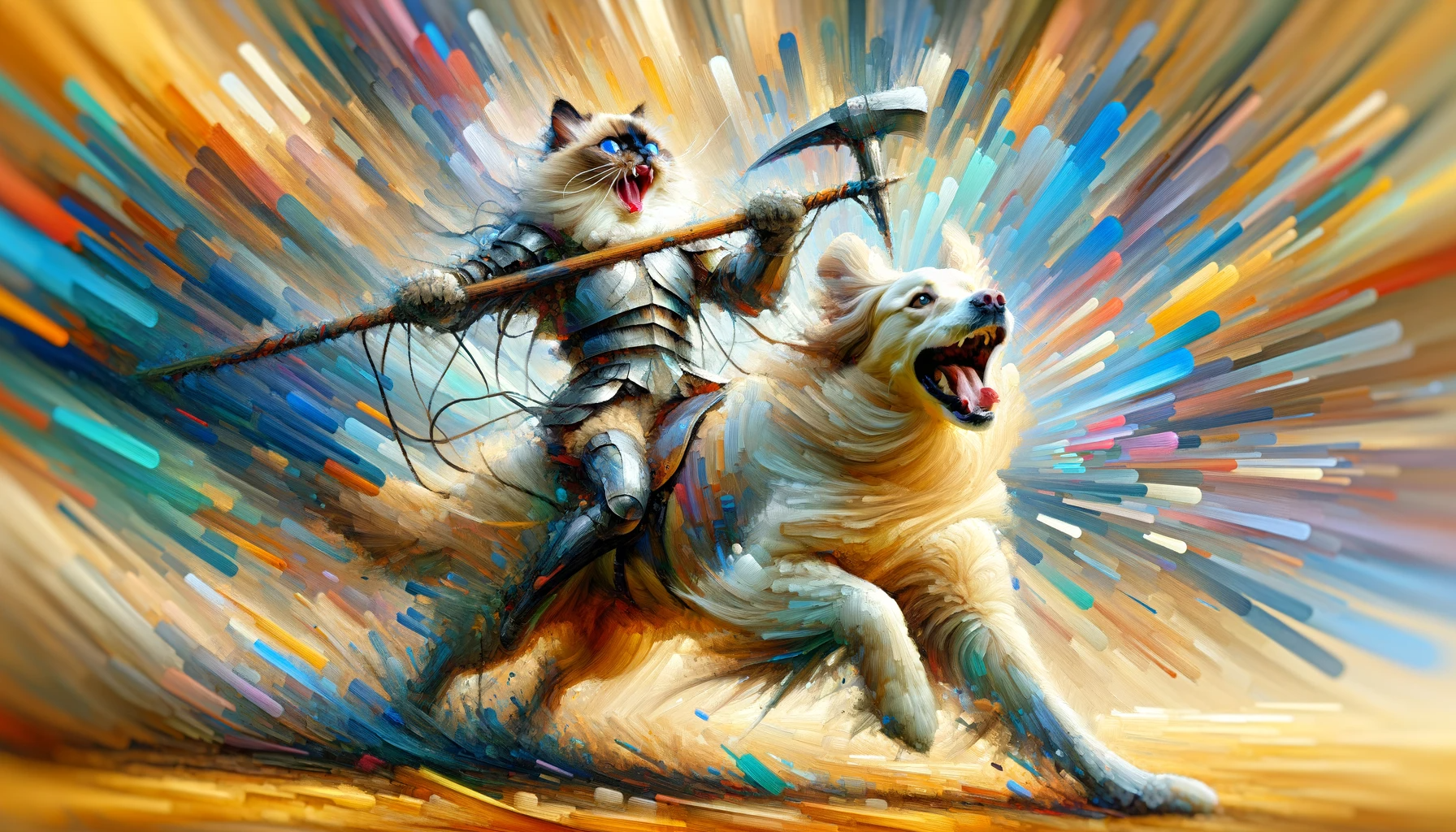 In a realm where magic dances bright, Under a sky of endless twilight, Rides a duo, bold and free, A cat and dog, as brave as can be.  Sassy, with fur like moonlit snow, Eyes of azure, a mystical glow, Armor-clad, she stands proud and tall, Swinging her hammer, she heeds the call.  Dutch, with a coat of golden light, Gallop he does into the night, Eyes shining with a spark of thrill, Together they journey, over dale and hill.  Across the lands, their legend grows, Through whispered tales, their fame bestows, A cat and dog, side by side, In a fantasy world, where dreams collide.  Soaring through realms of wonder and awe, They combat darkness, without flaw, Sassy and Dutch, a pair so rare, In a world of magic, beyond compare.  In this painting, their story lives, A tale of courage, that endlessly gives, An artful capture of their gallant quest, In the land of fantasy, where they are the best.