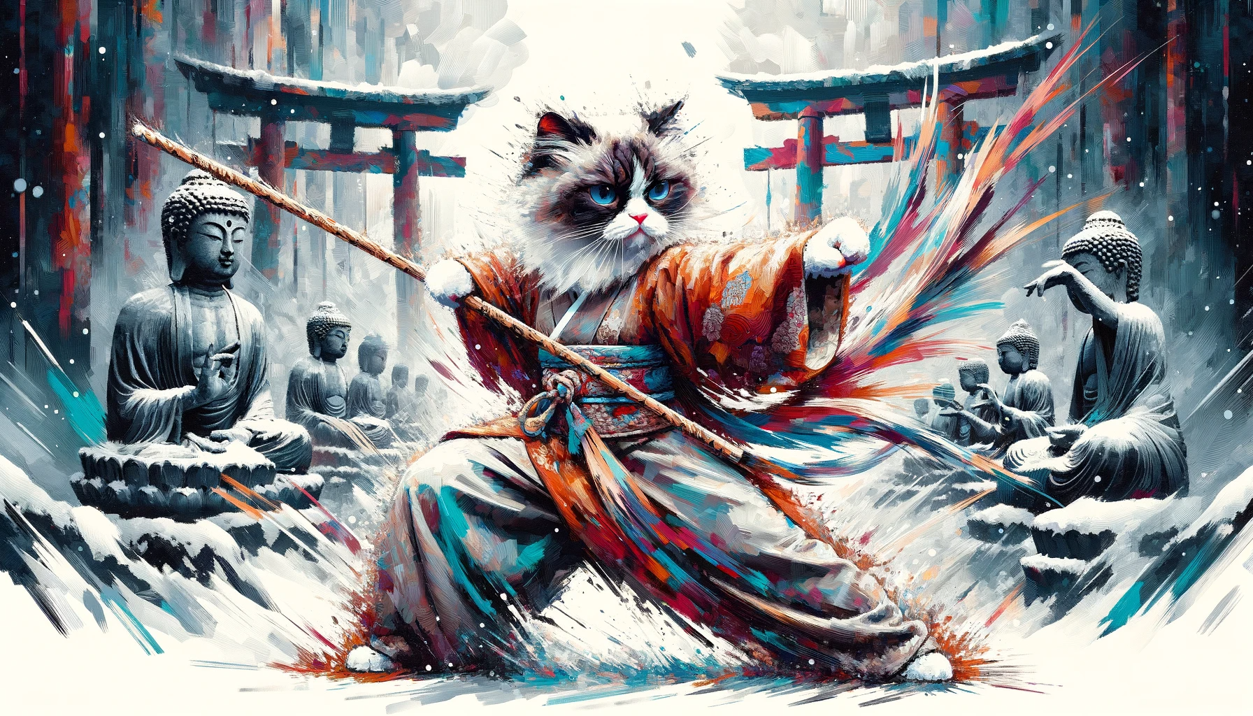 Beneath the temple's snowy eaves, Sassy whirls in garb of dawn, Eyes like sapphire, swift as leaves, In a dance with winter's yawn.  Staff in paw, she strikes the air, Statues watch in silent row, Ragdoll grace, a feline flair, In the snow's ethereal glow.  Echoes of ancient tales retold, In every step, a story bold, Her form a blur, like ink on scroll, A cat's spirit, fierce and whole.  Whispers of a temple's past, In each paw print, legends cast, Sassy's dance, a timeless art, In the snow, her warrior's heart.