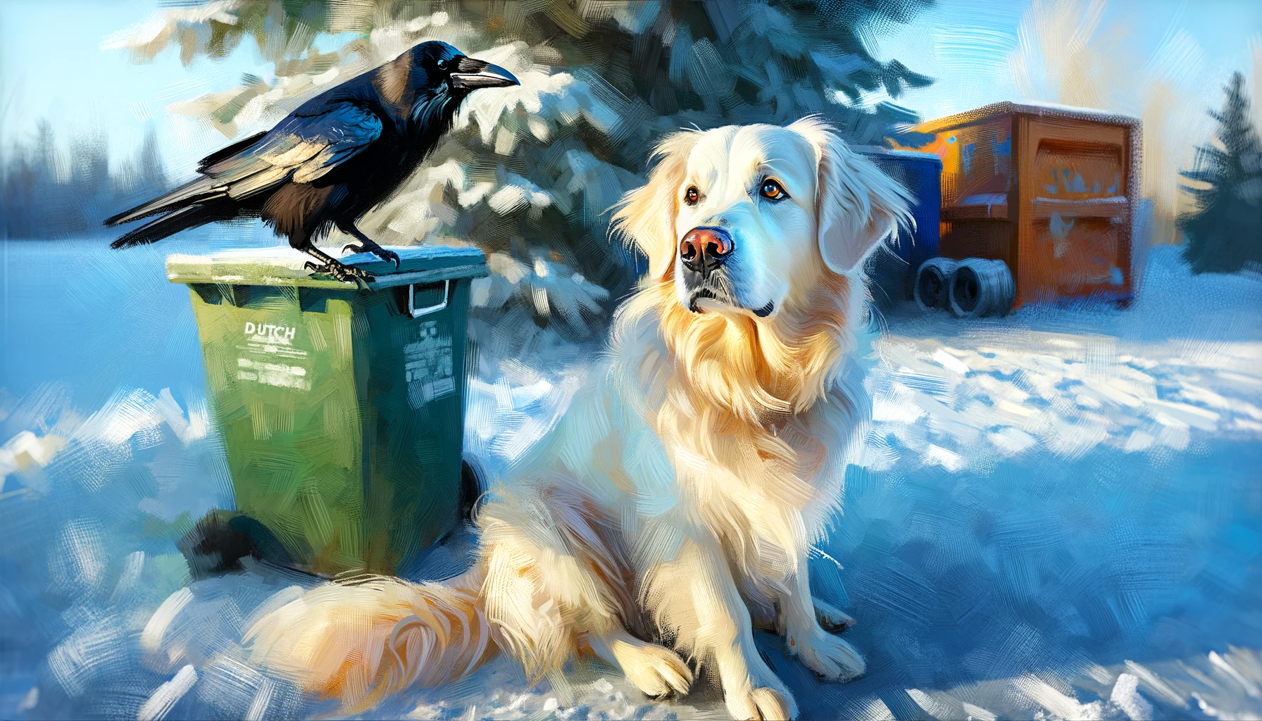 In a frosty world of white and grey, Perched atop a can of green, A crow with tales as old as day, Squawks wisdom, rarely seen.  Dutch, with ears of silken cream, Tilts his head, eyes wide and keen, Listening to the crow's dream, In a scene serene and serene.  "Life," caws the crow, "is more than it seems, Full of wonders, wild and vast. Chase your dreams, let your heart beam, For time, dear pup, flies fast."  Dutch's tail wags in gentle breeze, His heart alight with newfound zest. In each squawk, a secret to seize, From a crow, wise, above the rest.  So there they stand, in quiet bond, Dog and bird, in frosty dawn. In every word, a magic wand, Wisdom shared, before it's gone.