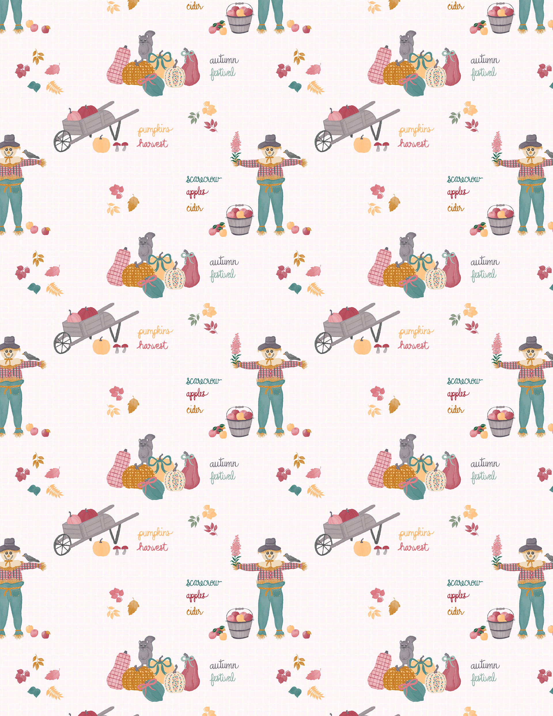 Repeat surface pattern design featuring hand-painted watercolor scarecrow, pumpkins, apples, wheelbarrow, and bushel for fabric, home decor, tech accessory and stationery licensing.