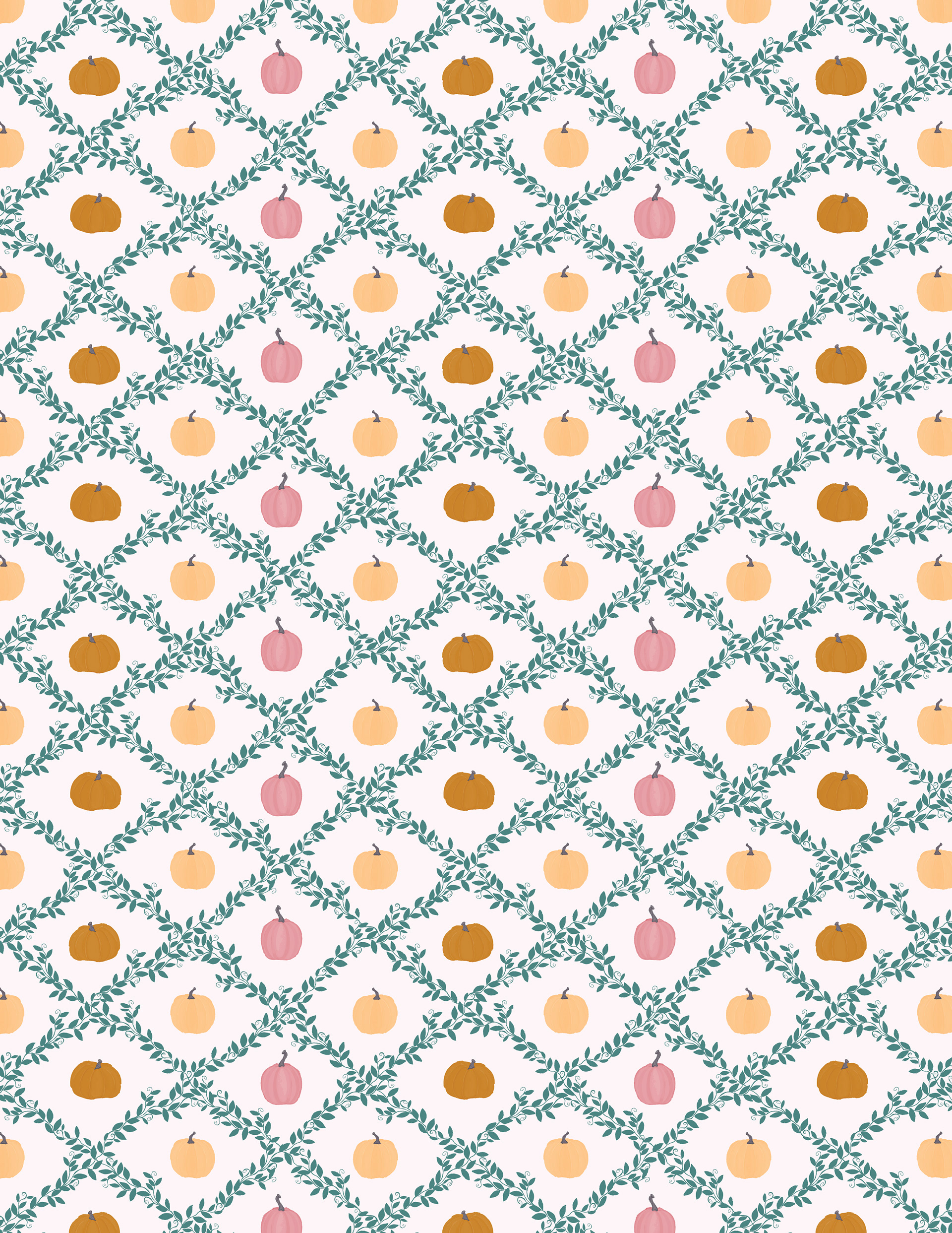 Repeat surface pattern design featuring hand-painted watercolor pumpkins and vines for fabric, home decor, tech accessory and stationery licensing.