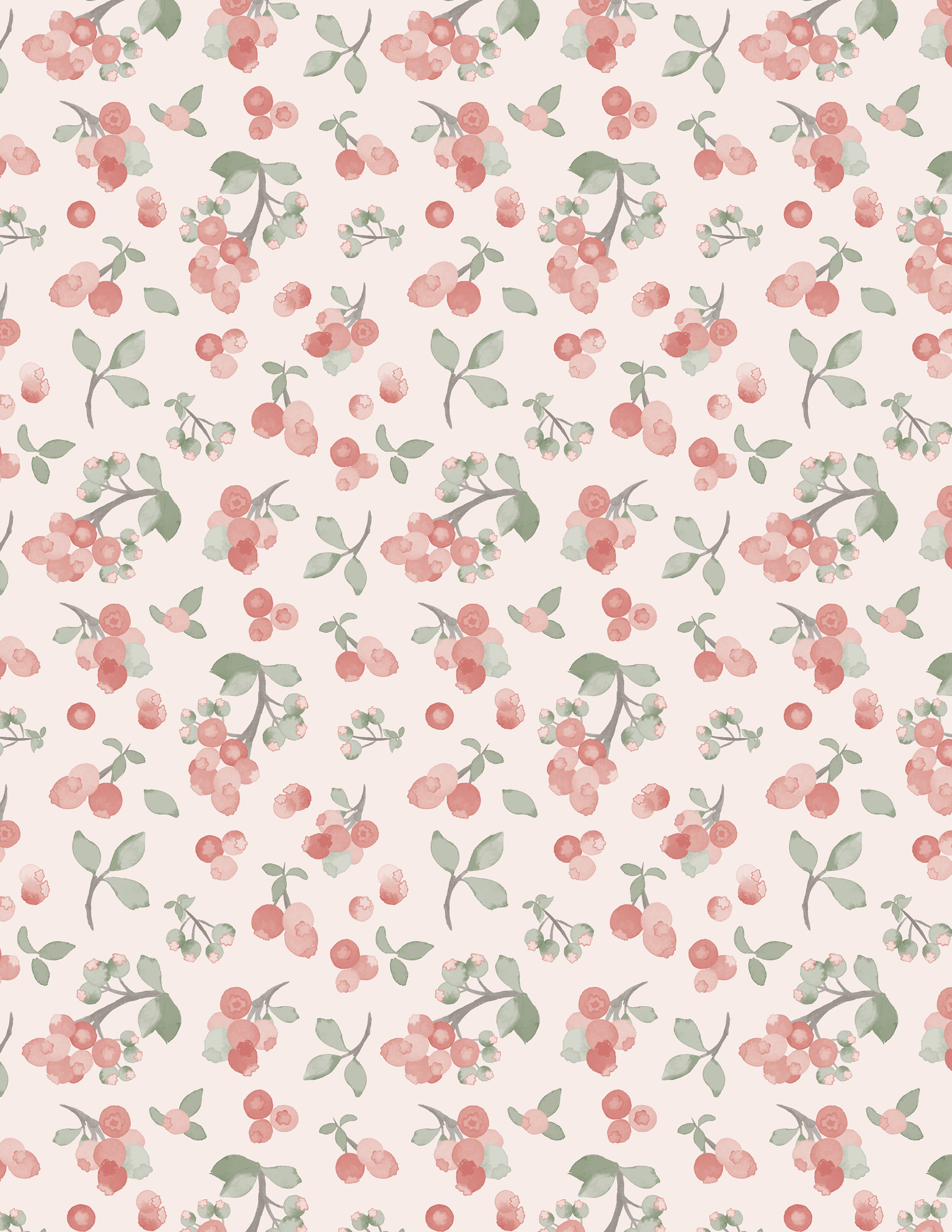 Repeat surface pattern design featuring hand-painted watercolor huckleberries for fabric, home decor, tech accessory and stationery licensing.