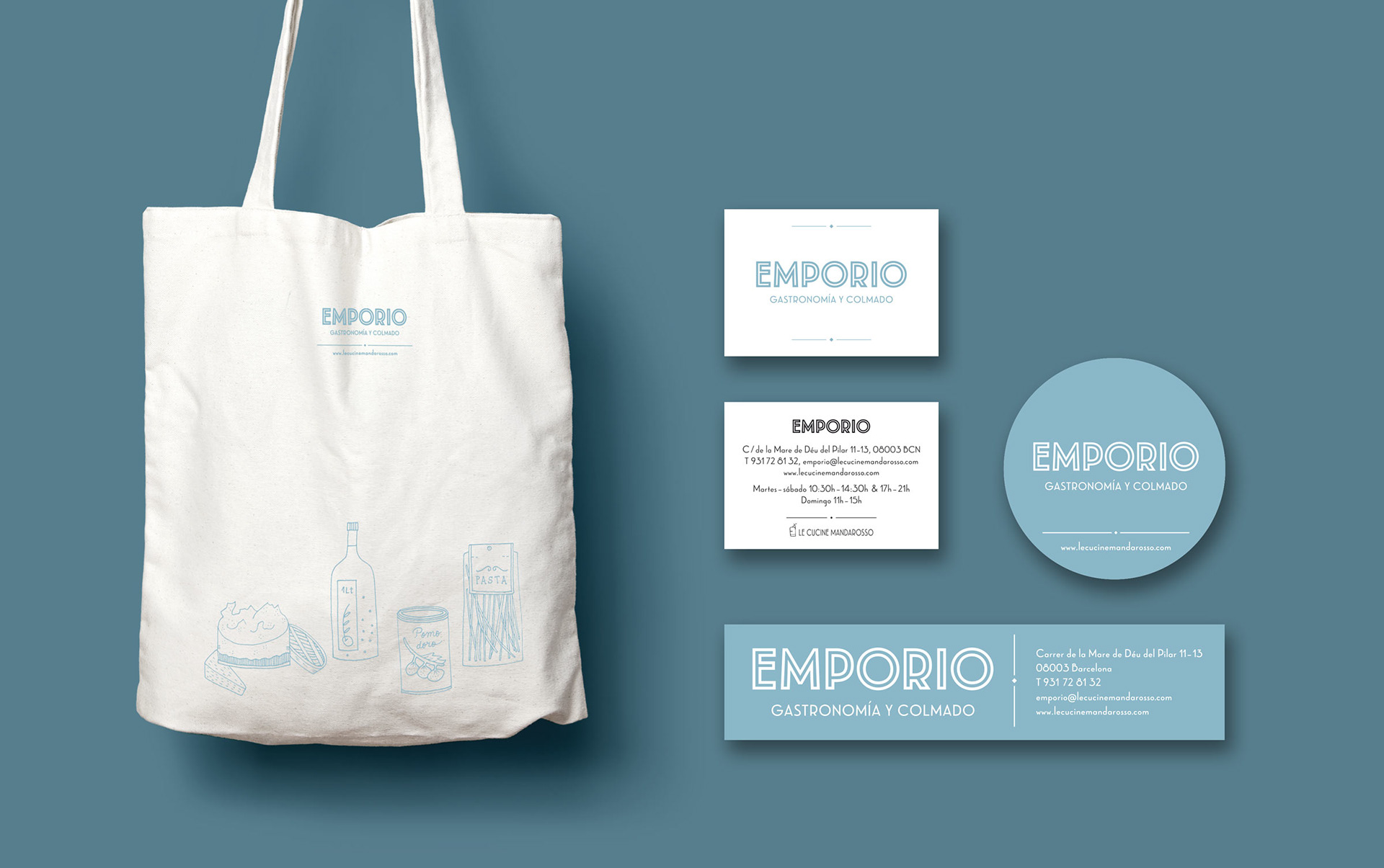 Emporio: Jutebeutel, Visitenkarten, Aufkleber.
