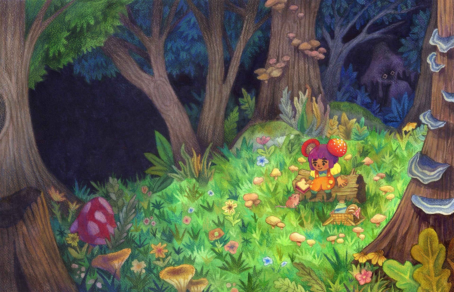 Forest Picnic- 2021 - Watercolor, Gouache, and Colored Pencil on Paper