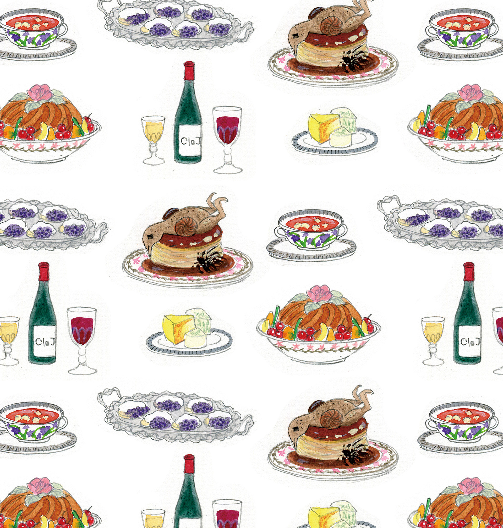 「バベットの晩餐会」に登場する料理をイラストに  Wrapping paper that printed Illustrations of the dishes appearing in the movie titled "Babette's Feast". (Unofficial) 2018