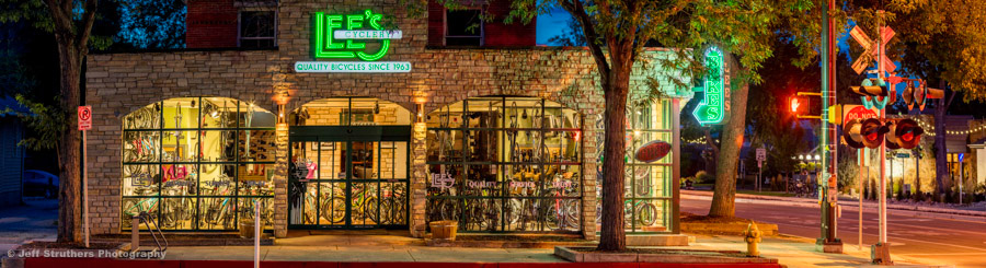 Lee's Bike Shop Pano at twikight -  Fort Collins, CO